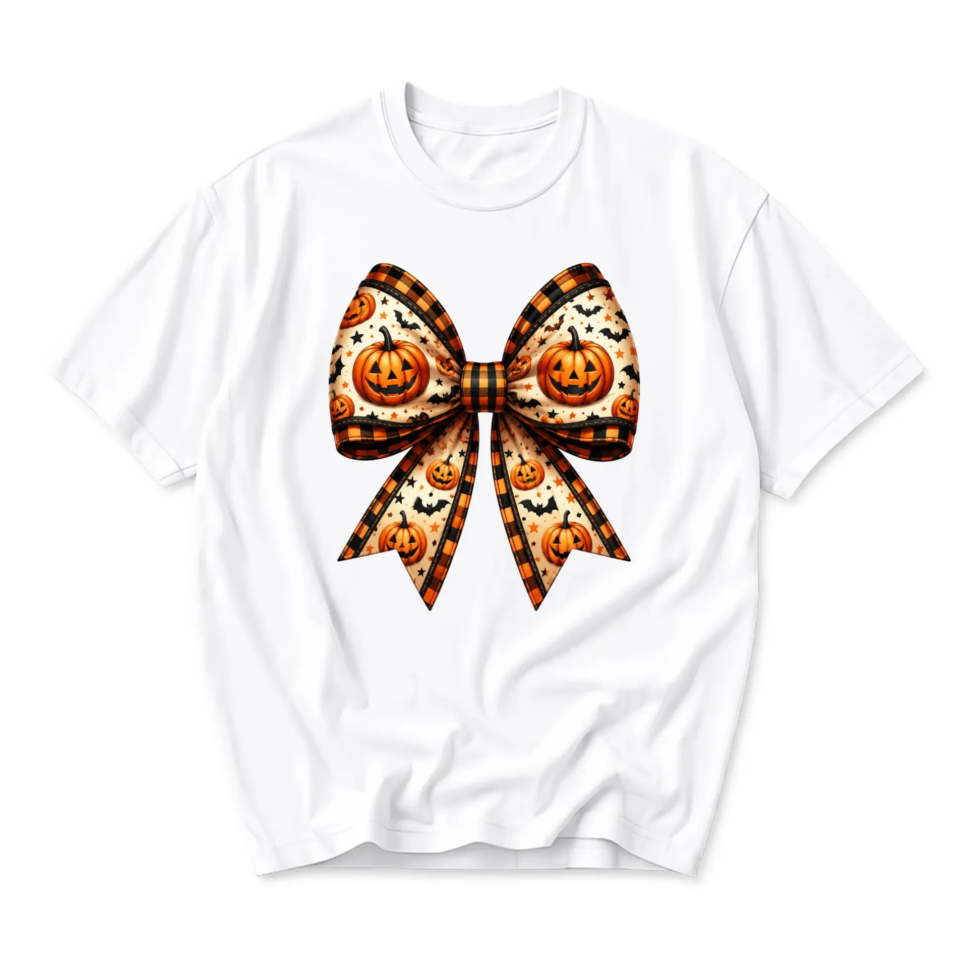 Graphic Tee Pumpkin Bow Pattern Print Unisex Casual Crew Neck T-Shirt for Seasonal Holiday Festive Fall Everyday Wear
