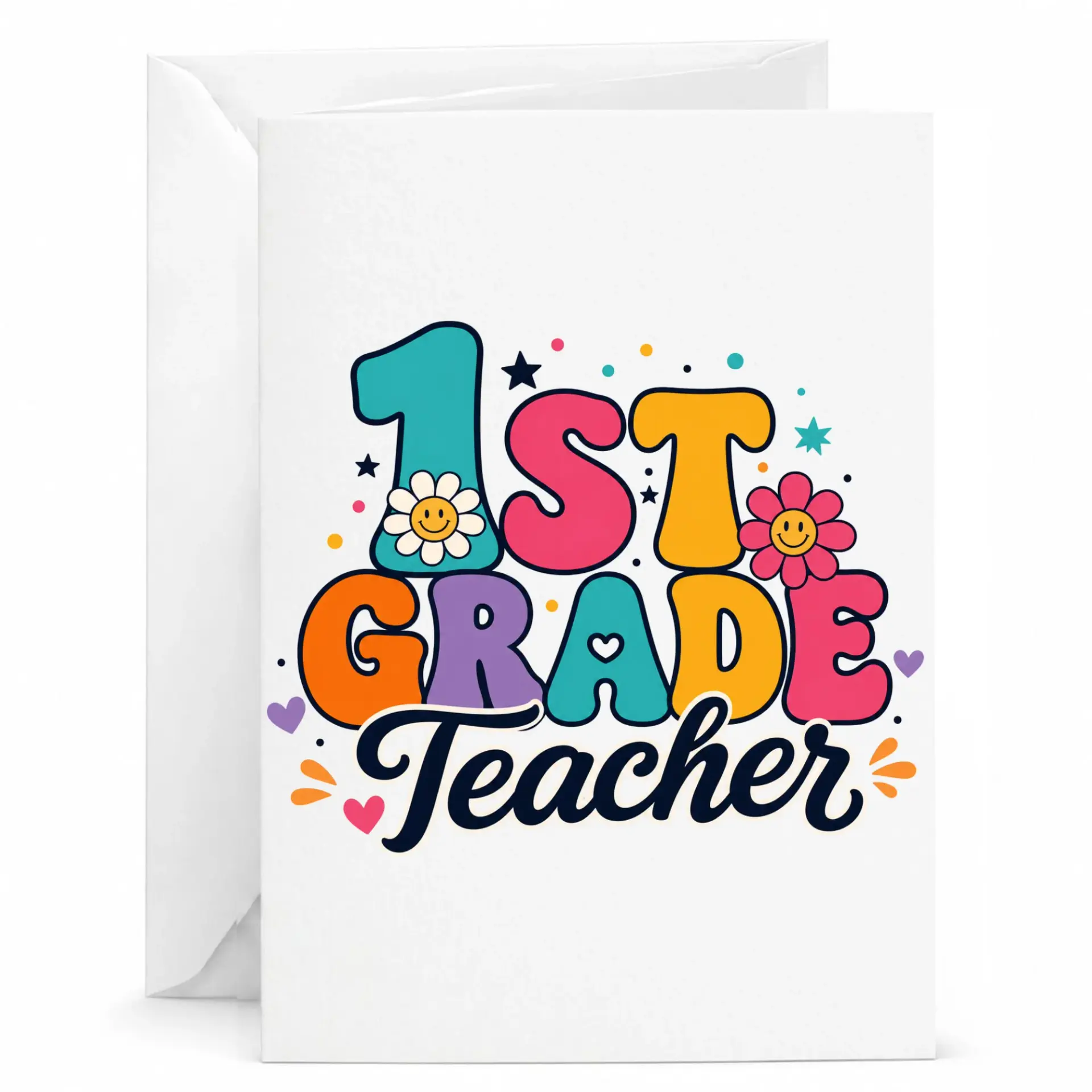 Greeting Card 1st Teacher Retro Groovy Style Aesthetic Printed Stationery for Professional Educators and Staff