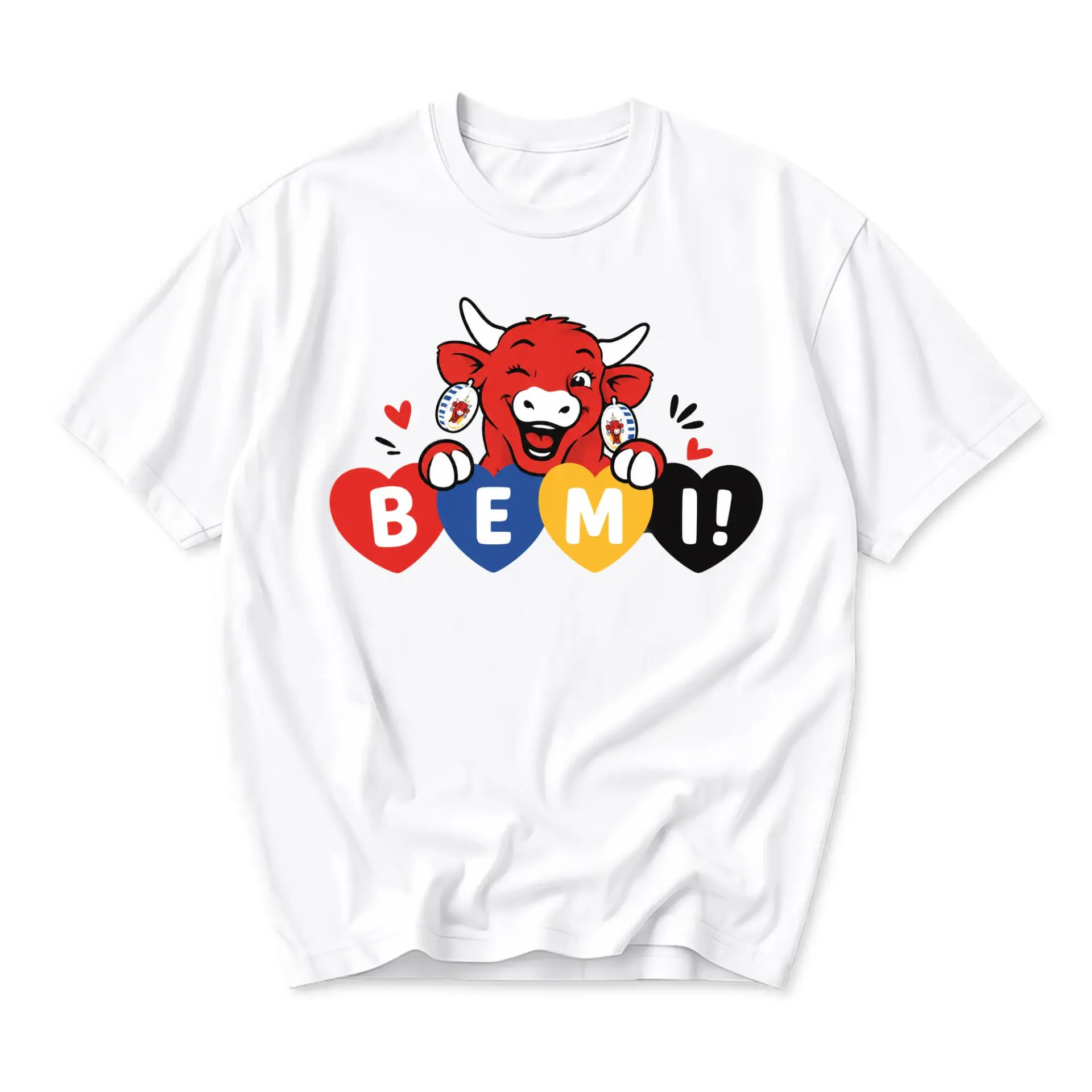 Graphic Tee Unisex Casual Shirt Featuring a Cheerful Cartoon Bull Character and Colorful Hearts Decorative Design