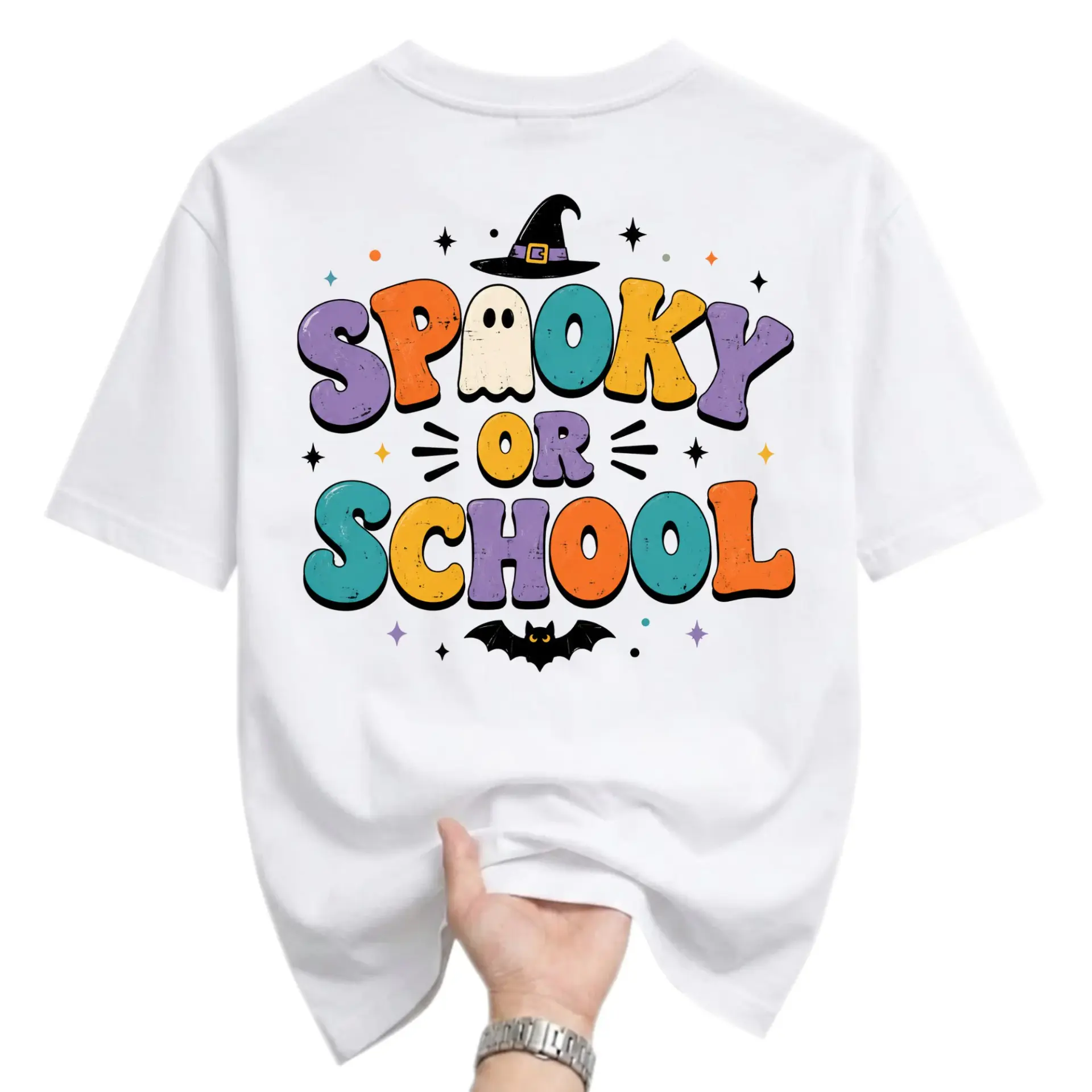 Graphic Tee Spooky or School Funny Halloween Shirt Unisex Casual Crew Neck Comfortable Cotton Blend Everyday Apparel