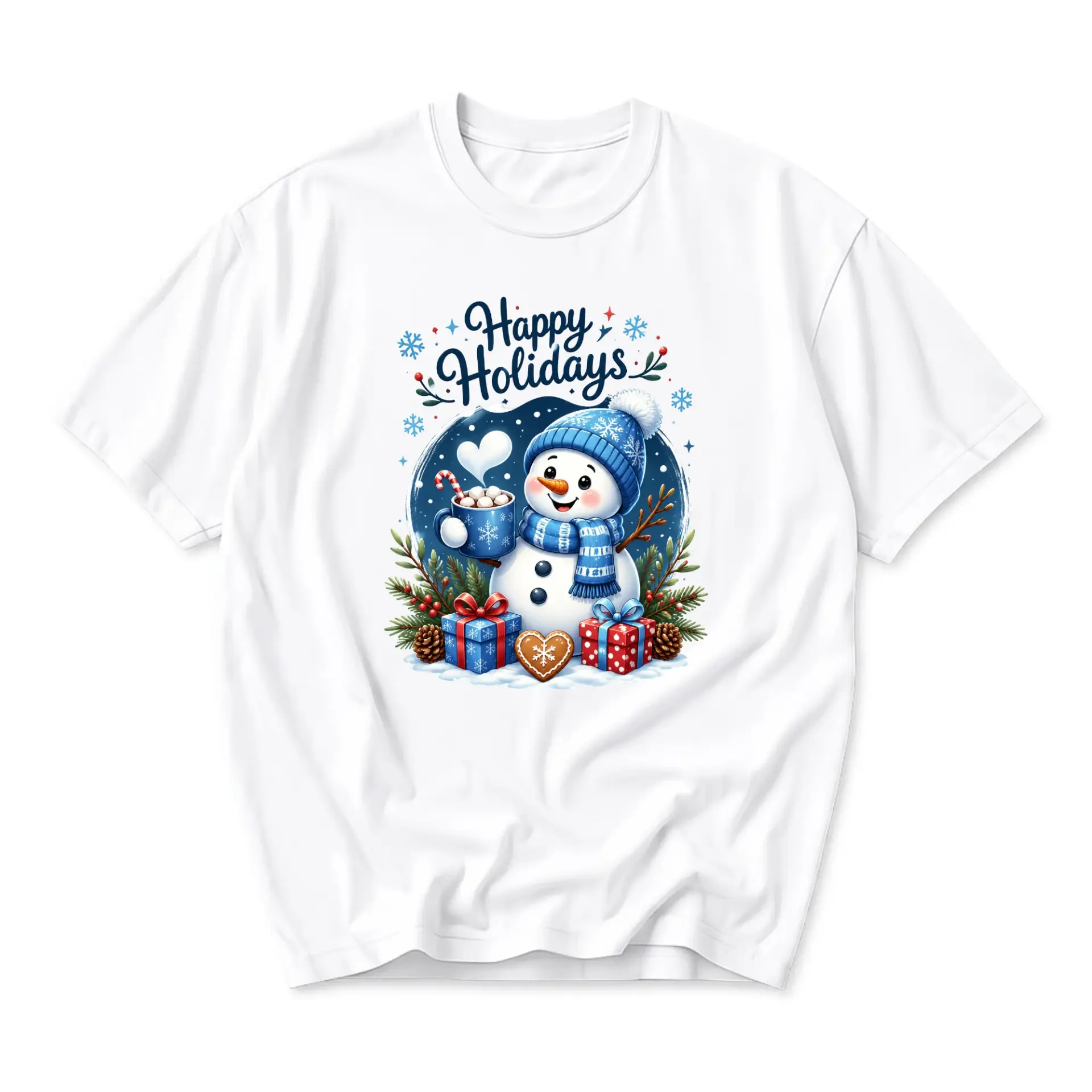 T-shirt Happy Holidays Snowman Graphic Tee Festive Winter Apparel Unisex Casual Crew Neck Short Sleeve Cotton Top