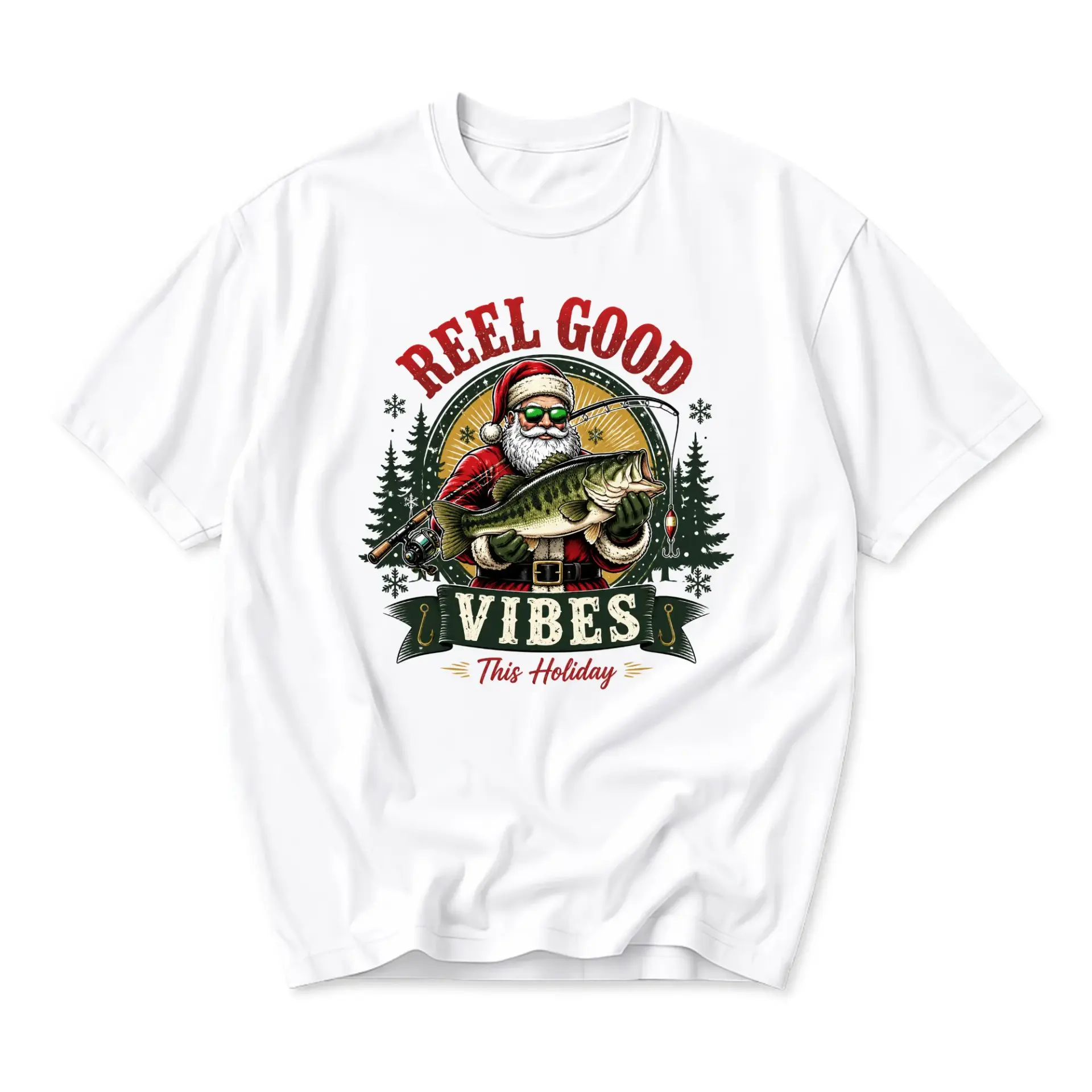 Funny Shirt Reel Good Vibes This Holiday Fishing Santa Claus Graphic Tee Unisex Crew Neck Casual Cotton Blend Top