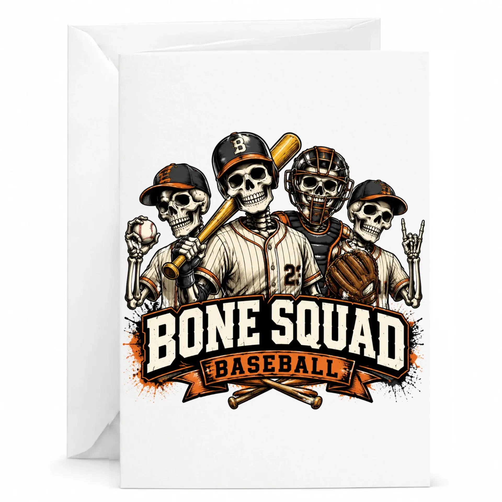 Funny Squad Baseball Greeting Card for Sports Fans Skeleton Themed Athletic Design Stationery Athletes