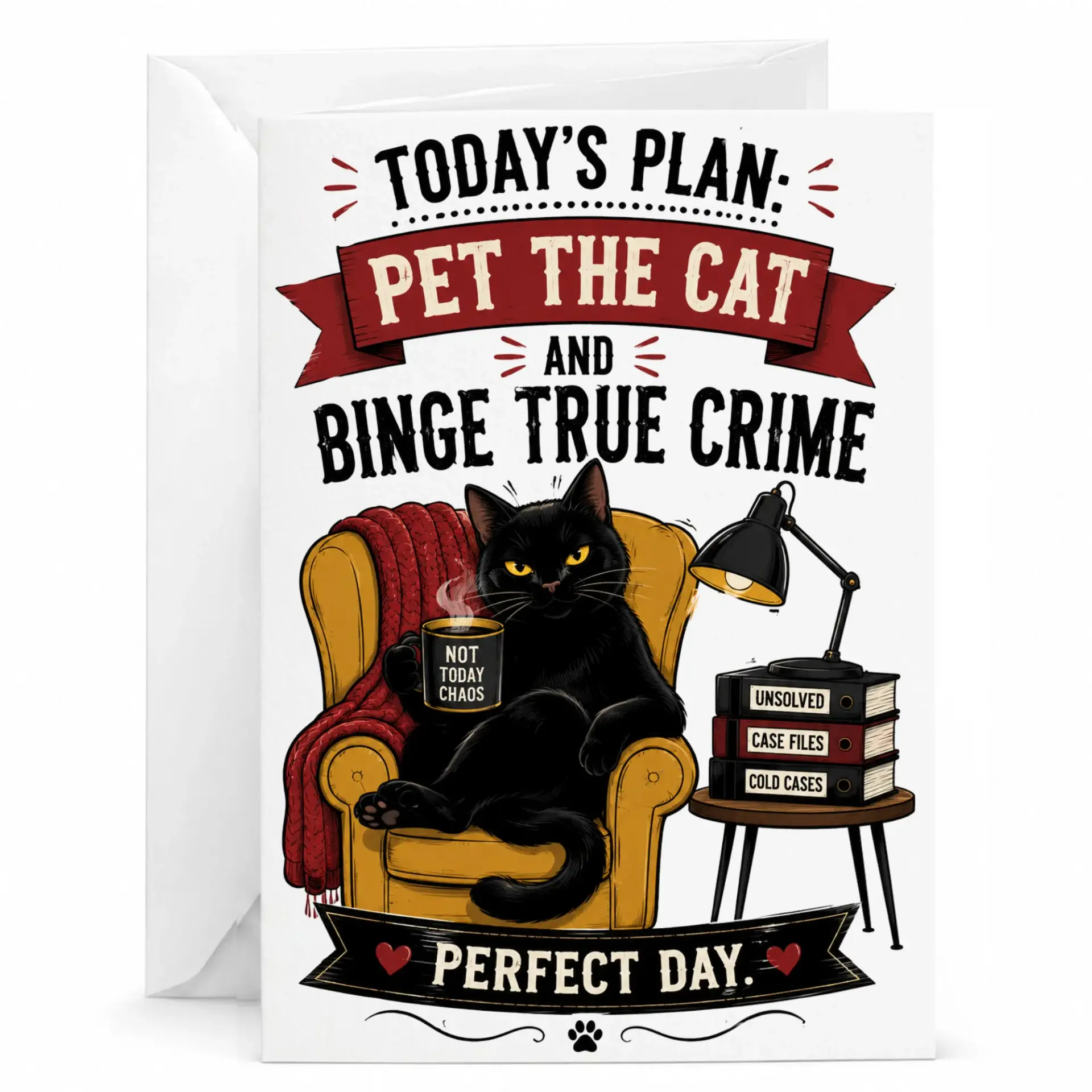 Funny Cat Greeting Card Today Is for Petting the and Bingeing Crime Shows Humorous Stationery Friends