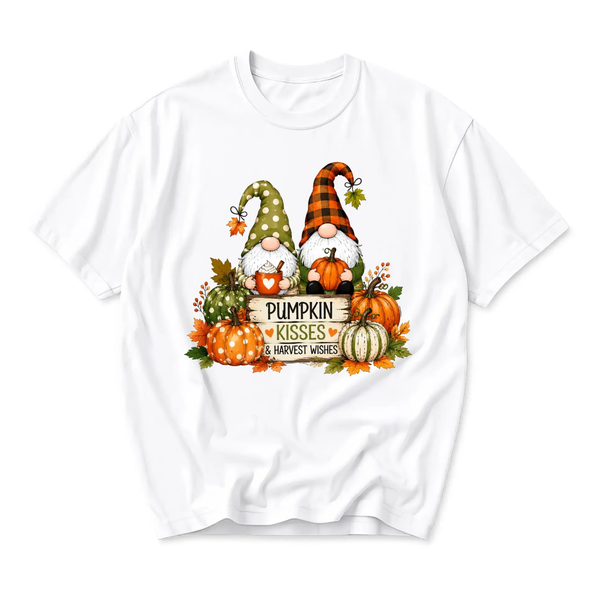Graphic Tee Pumpkin Kisses and Harvest Wishes Fall Gnome Shirt for Autumn Season Casual Everyday Unisex Apparel