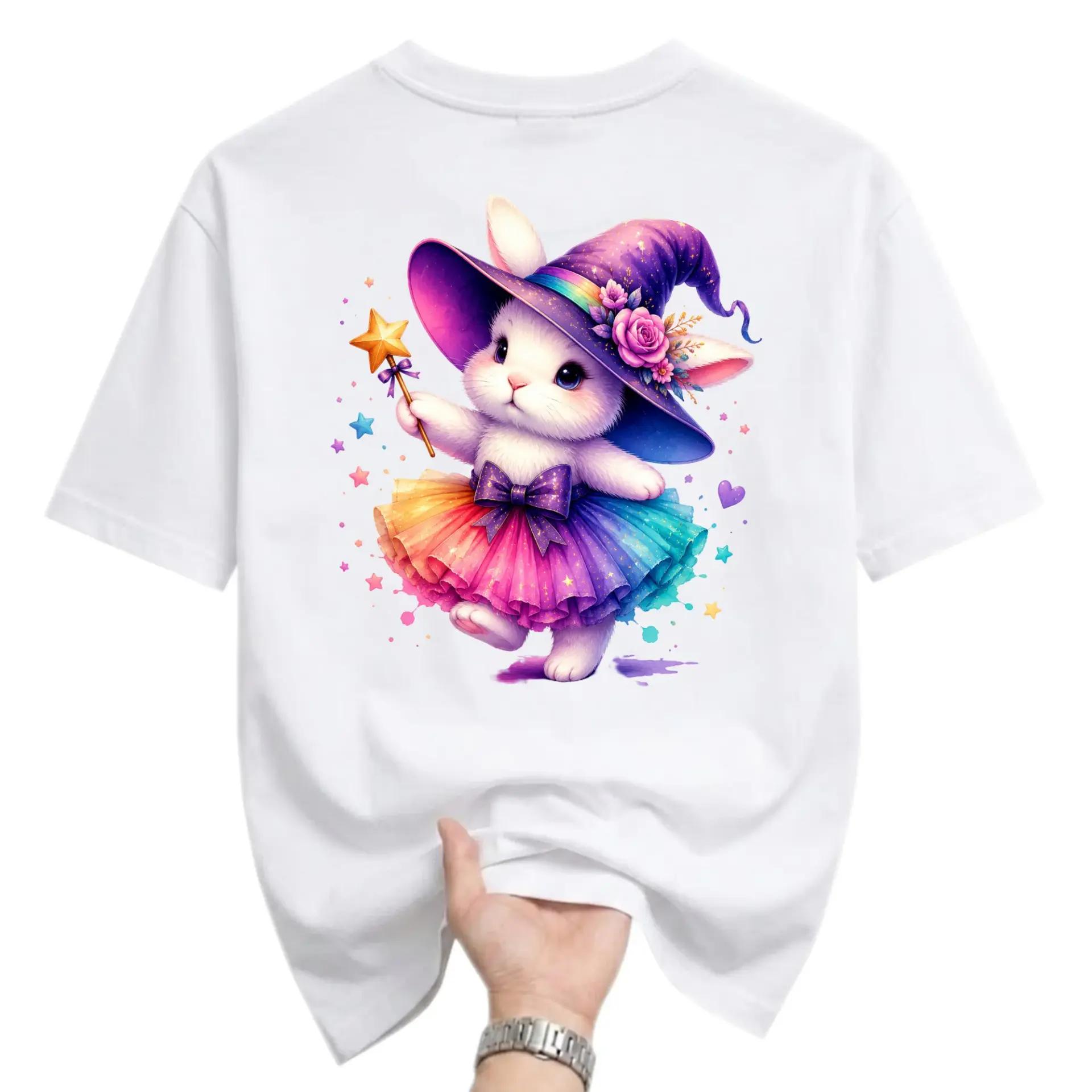Graphic Tee Unisex Crew Neck T-Shirt Featuring Colorful Fantasy Bunny Witch Illustration with Wand and Rainbow Skirt
