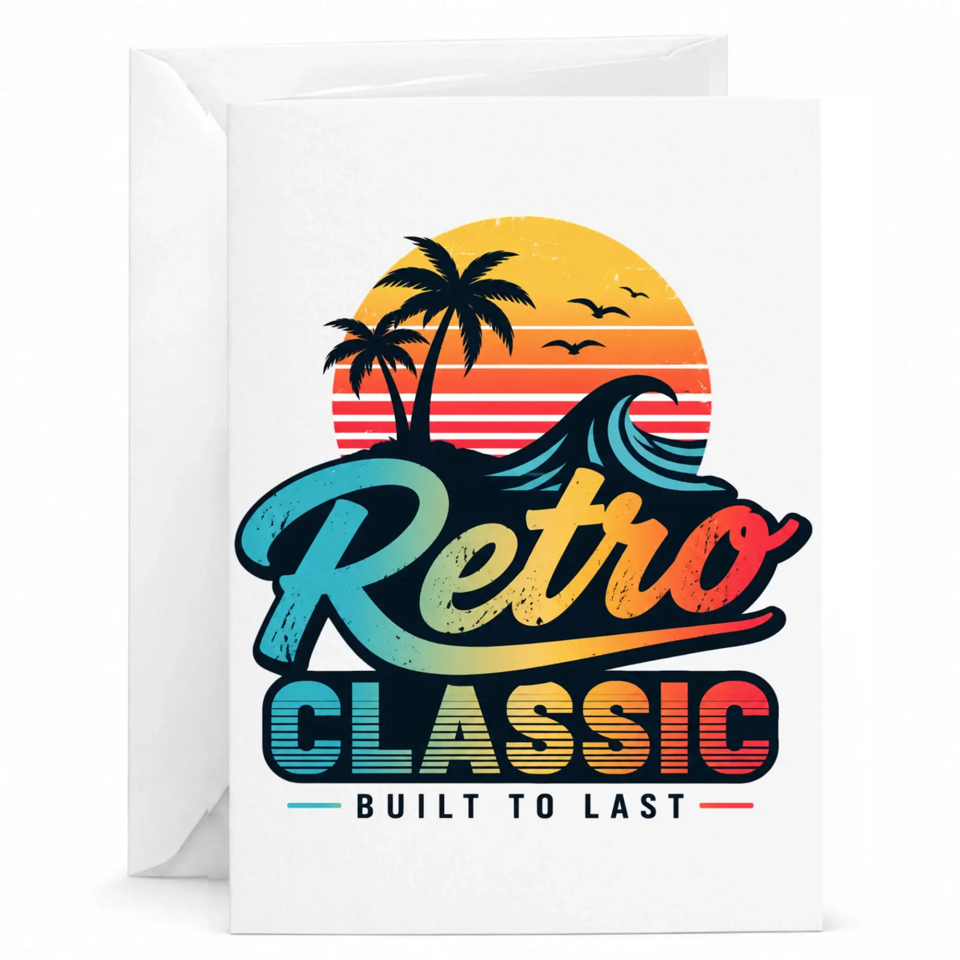 Greeting Card Retro Classic Tropical Sunset Palm Tree Design for Birthdays Anniversaries and Encouragement
