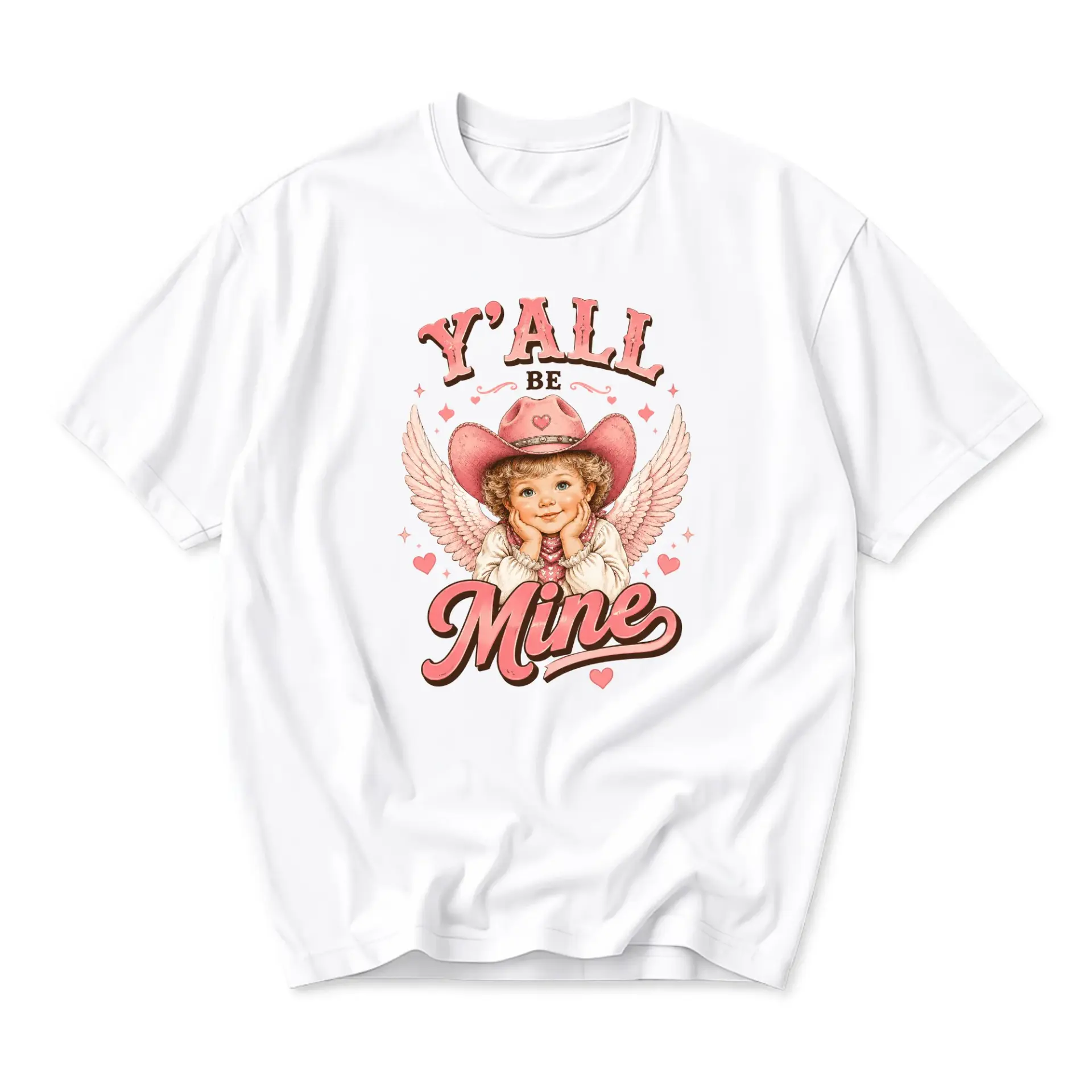 Graphic Tee Y'all Be Mine Cowboy Hat Angel Wing Shirt Retro Western Style Unisex Short Sleeve Casual Apparel