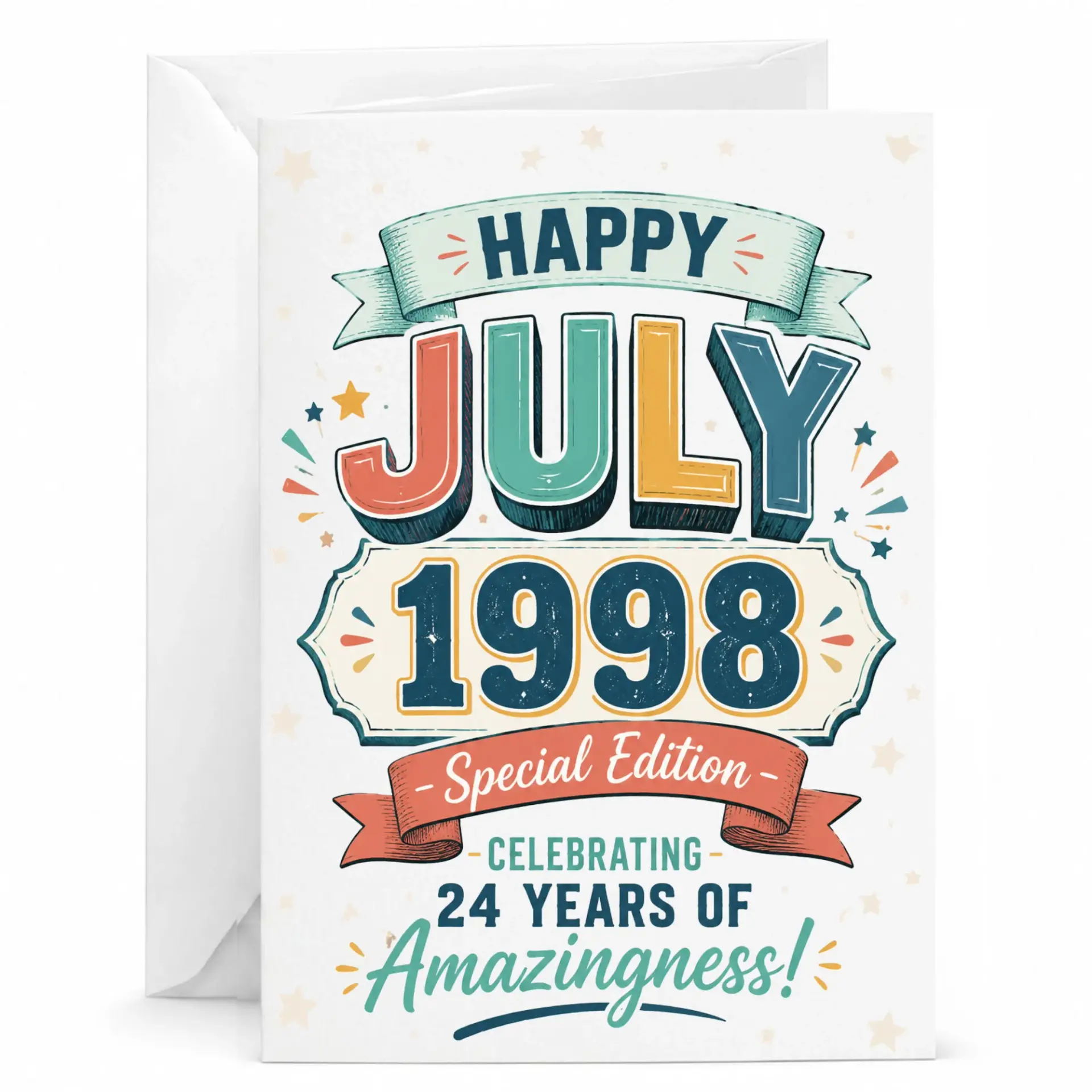 Greeting Card Happy July 1998 Special Edition Birthday Anniversary Celebrating 24 Years of Amazingness Stationery