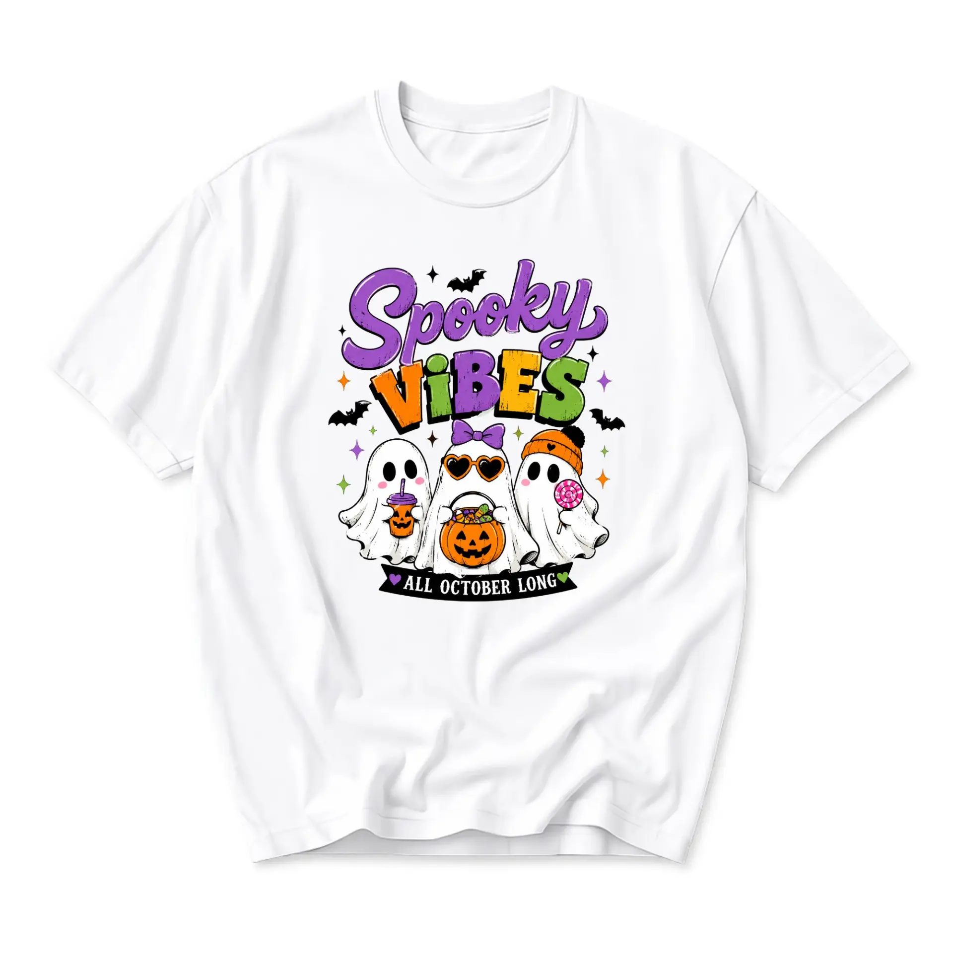 Funny Shirt Spooky Vibes All October Long Halloween Ghost Graphic Tee Unisex Casual Crew Neck Comfortable Cotton Top