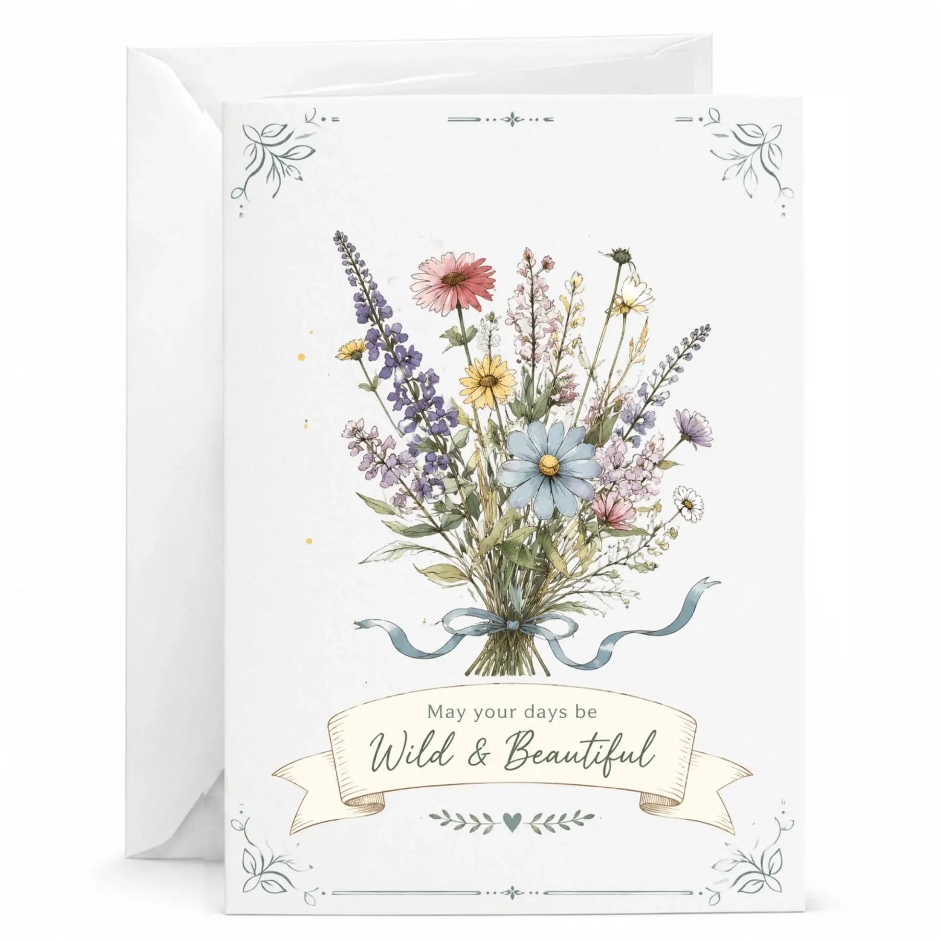 Wildflower Greeting Card with Matching Envelope Featuring Watercolor Bouquet Floral Design and Inspirational Message