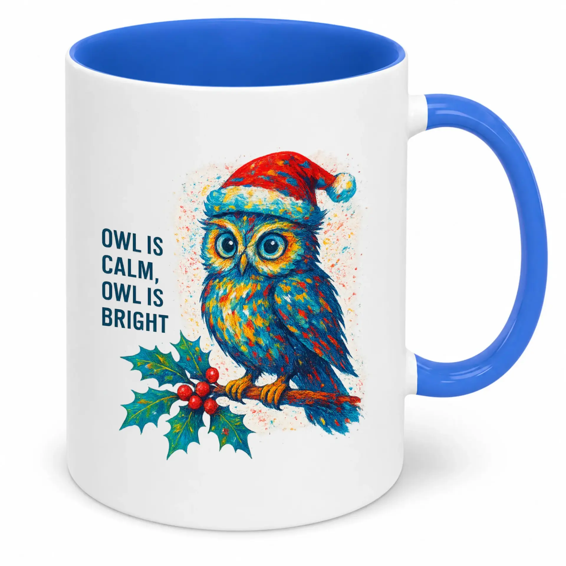 Christmas Owl Ceramic Coffee Mug, Festive Holiday Drinkware with Santa Hat Design, 'owl Is Calm, Owl Is Bright' Pun for Seasonal Joy