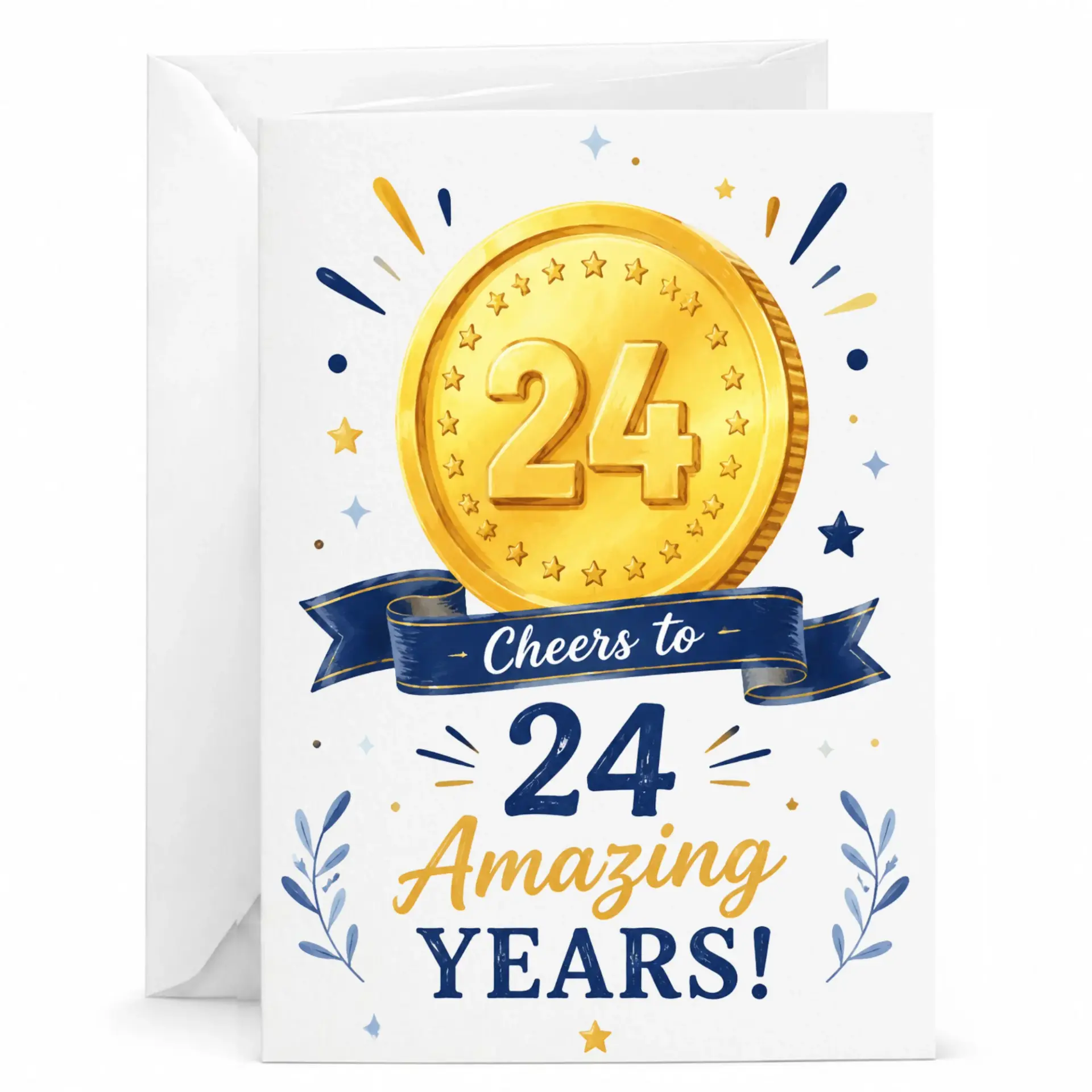 Birthday Card 24th Birthday Gift Featuring Gold Coin Graphic and Elegant Blue Ribbon for Milestone Celebration