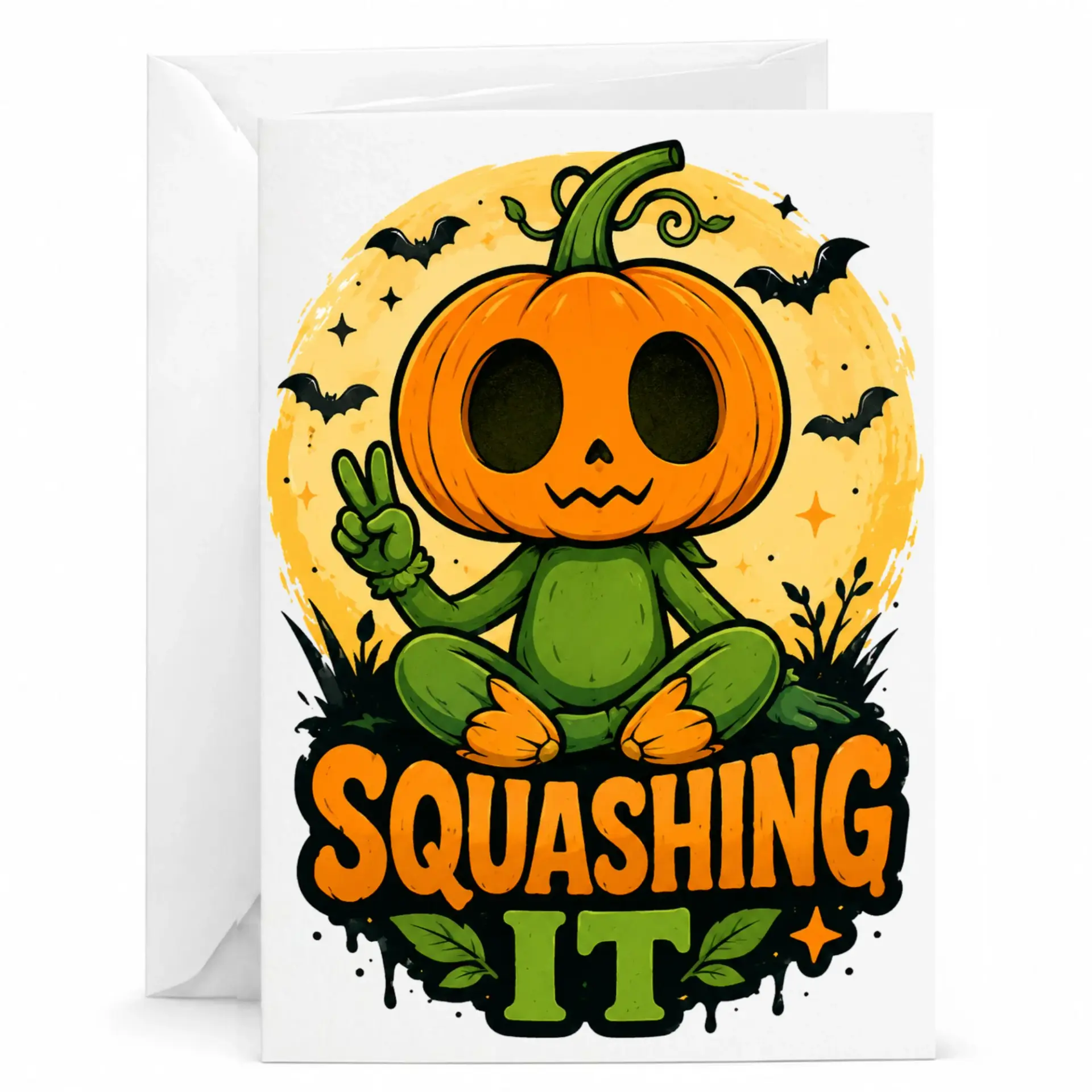 Funny Squash It Greeting Card Cute Pumpkin Character Illustration Autumn Halloween Stationery for Friends and Family