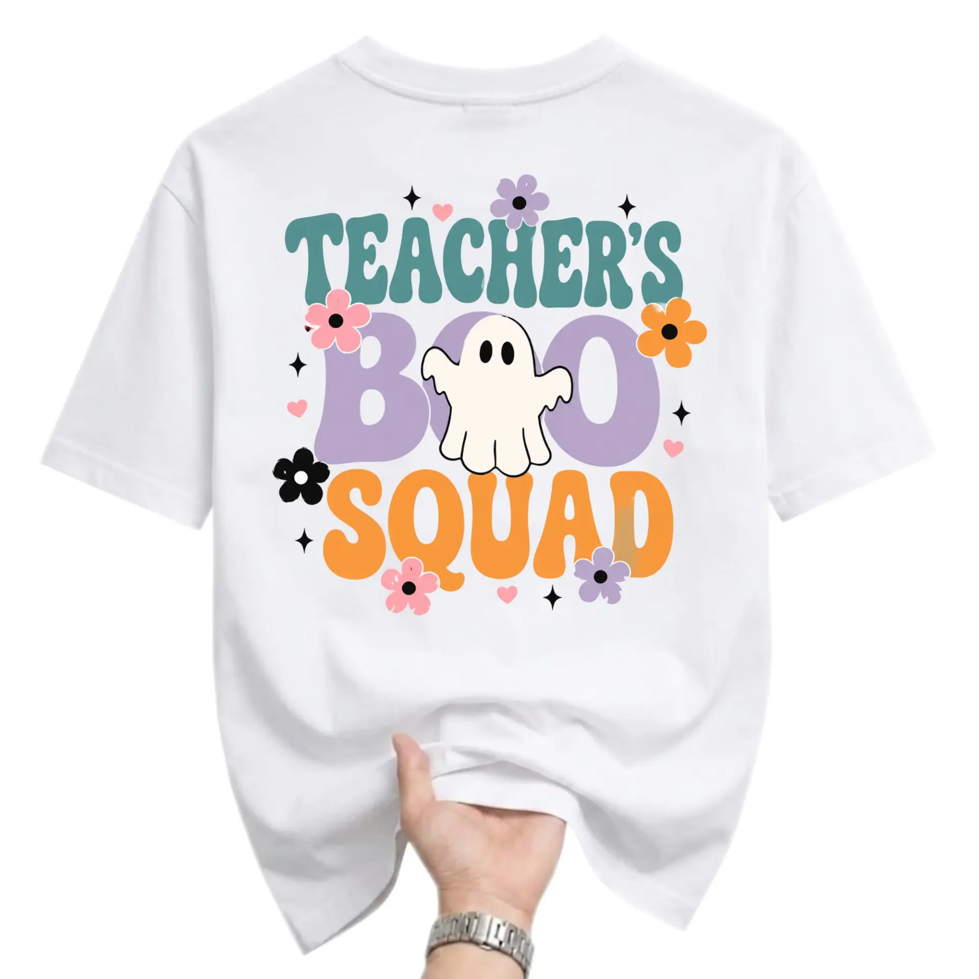 Graphic Tee Teacher's Boo Squad Retro Halloween Ghost Shirt for Educators Fun Seasonal Casual Unisex Apparel White