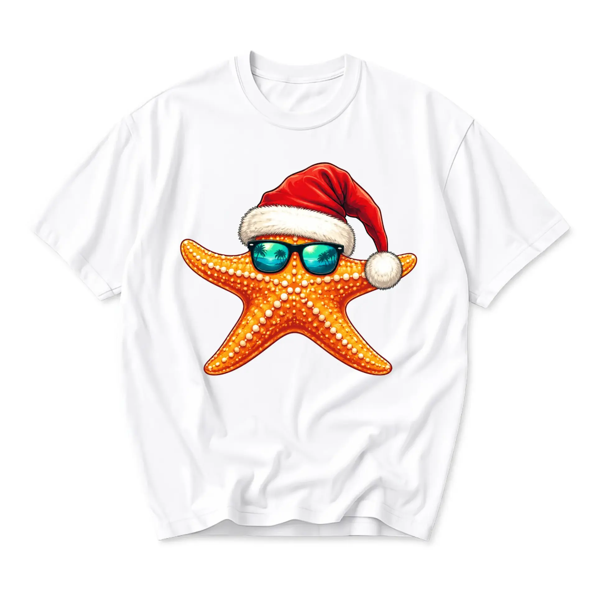 Graphic Tee Unisex Starfish Wearing Santa Hat and Sunglasses Holiday Beach Style Casual Crew Neck Short Sleeve Shirt