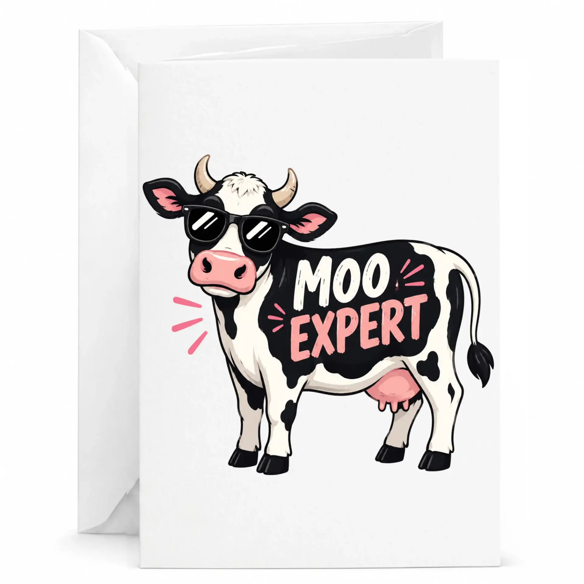 Funny Moo Expert Greeting Card Featuring a Cool Cow Wearing Sunglasses for Fun Occasions and Personal Messages