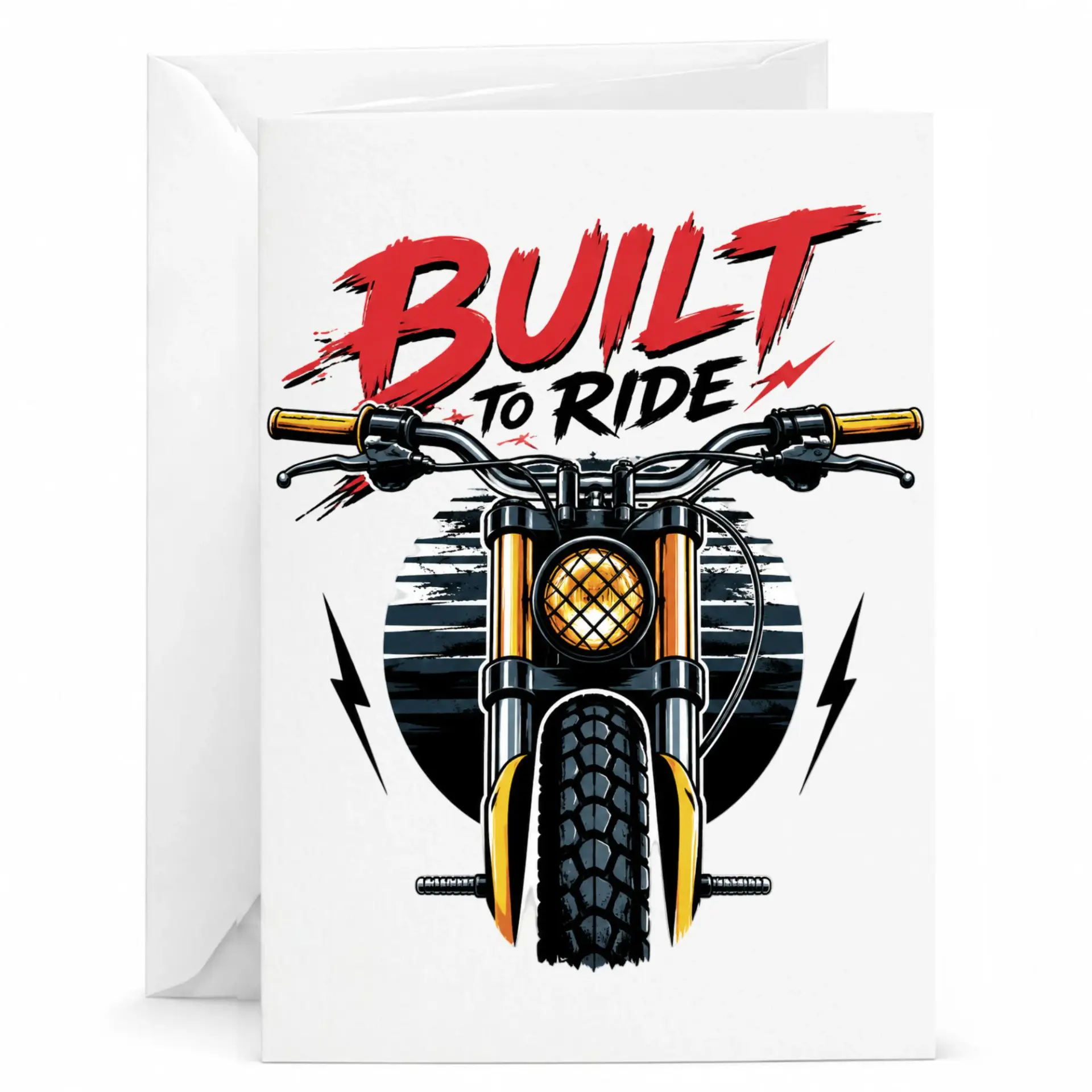 Greeting Card Built to Ride Motorcycle Illustration Featuring Bold Red Text and Detailed Front End Bike Graphic