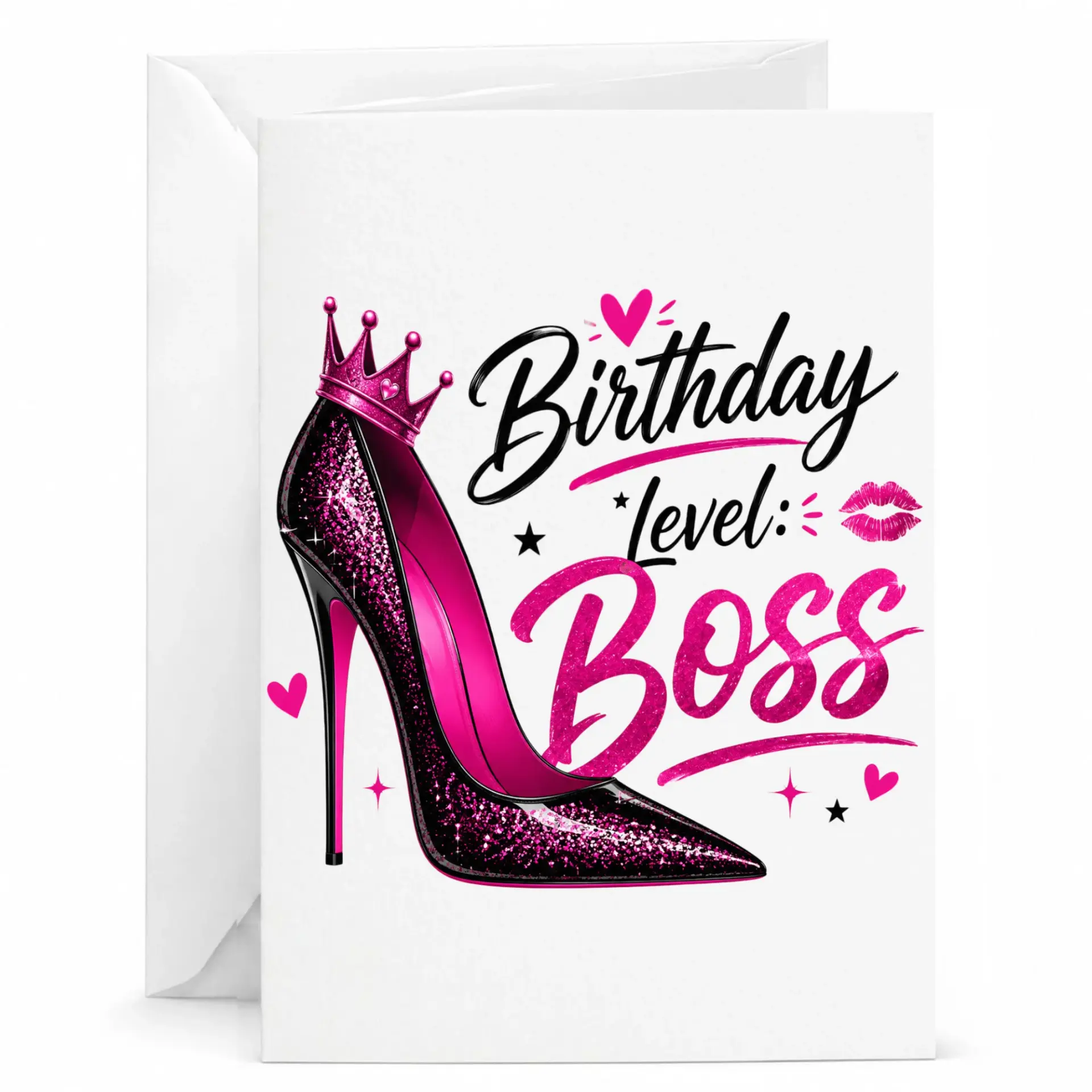Birthday Card Level Boss Funny High Heel Greeting Card with Pink Crown Illustration for Her 5x7 Folded Note