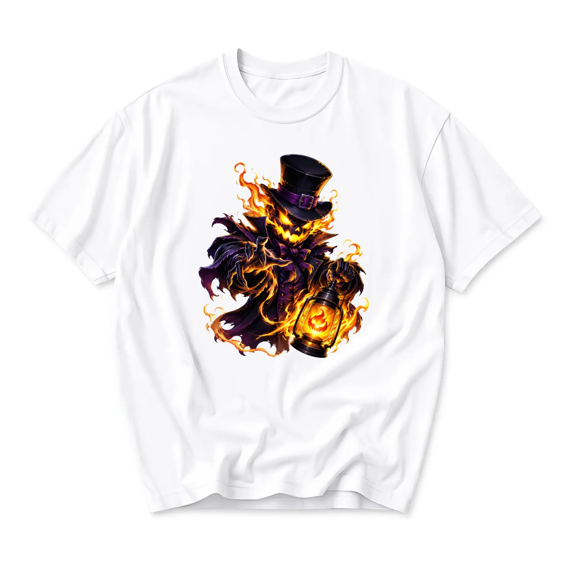 Graphic Tee Unisex Crew Neck T-Shirt Featuring Flaming Jack O Lantern Pumpkin Head Character Wearing a Top Hat Design