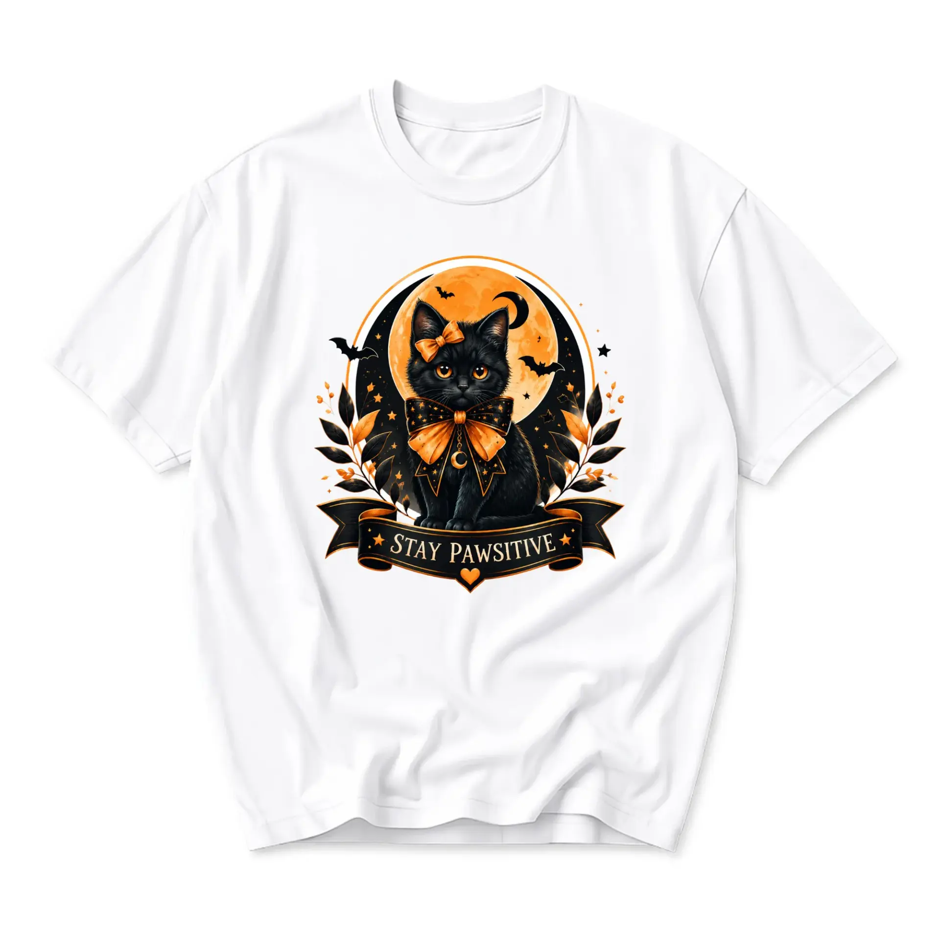 Graphic Tee Stay Pawsitive Black Cat Artistic Illustration Unisex Casual Crew Neck Short Sleeve Cotton Shirt