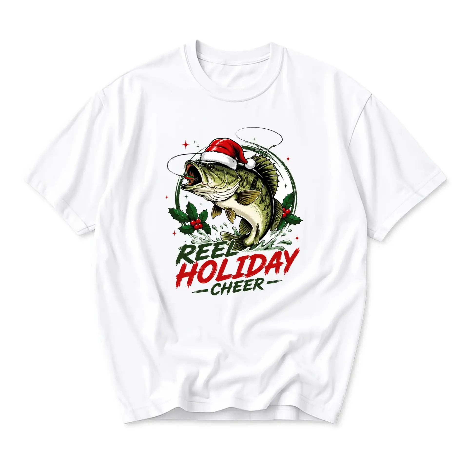 Funny Shirt Reel Holiday Cheer Fishing Graphic Tee Festive Christmas Unisex Crew Neck Casual Cotton Top