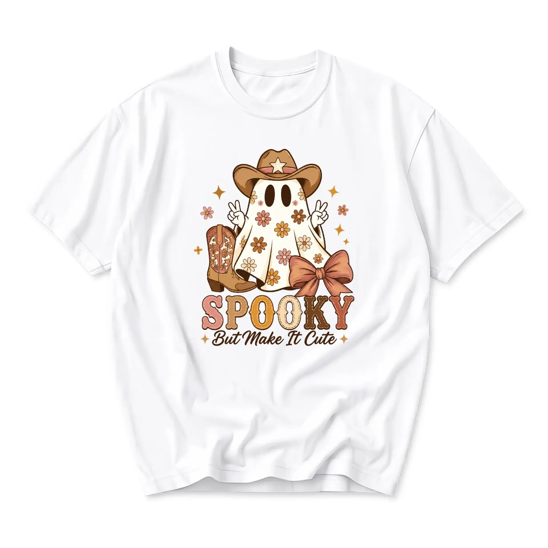 Funny Shirt Spooky but Make It Cute Western Ghost Graphic Tee Retro Aesthetic Unisex Short Sleeve Crewneck Top