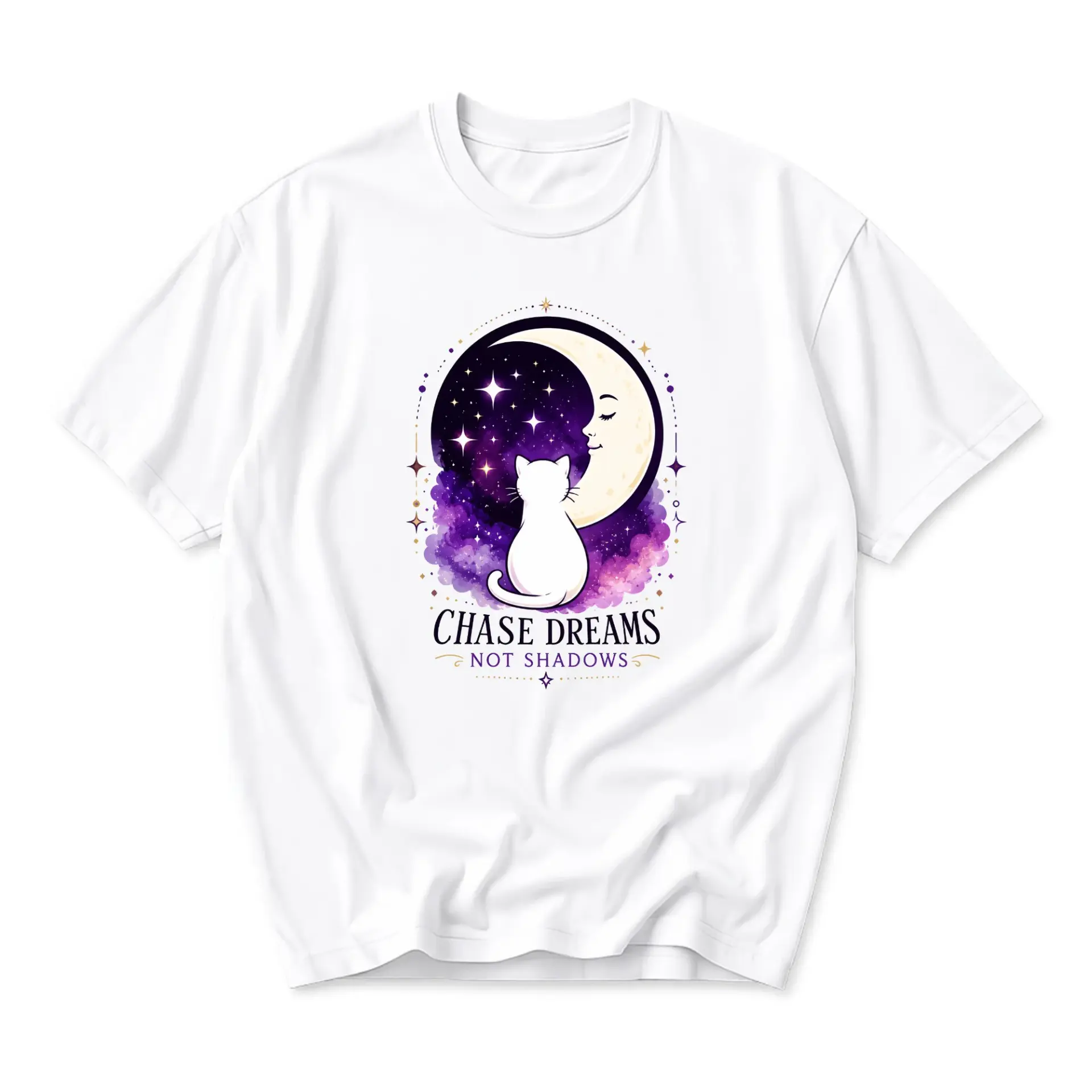 Graphic Tee Celestial Cat Moon Design Unisex Cotton Crew Neck Short Sleeve Casual Shirt for Everyday Comfort Wear