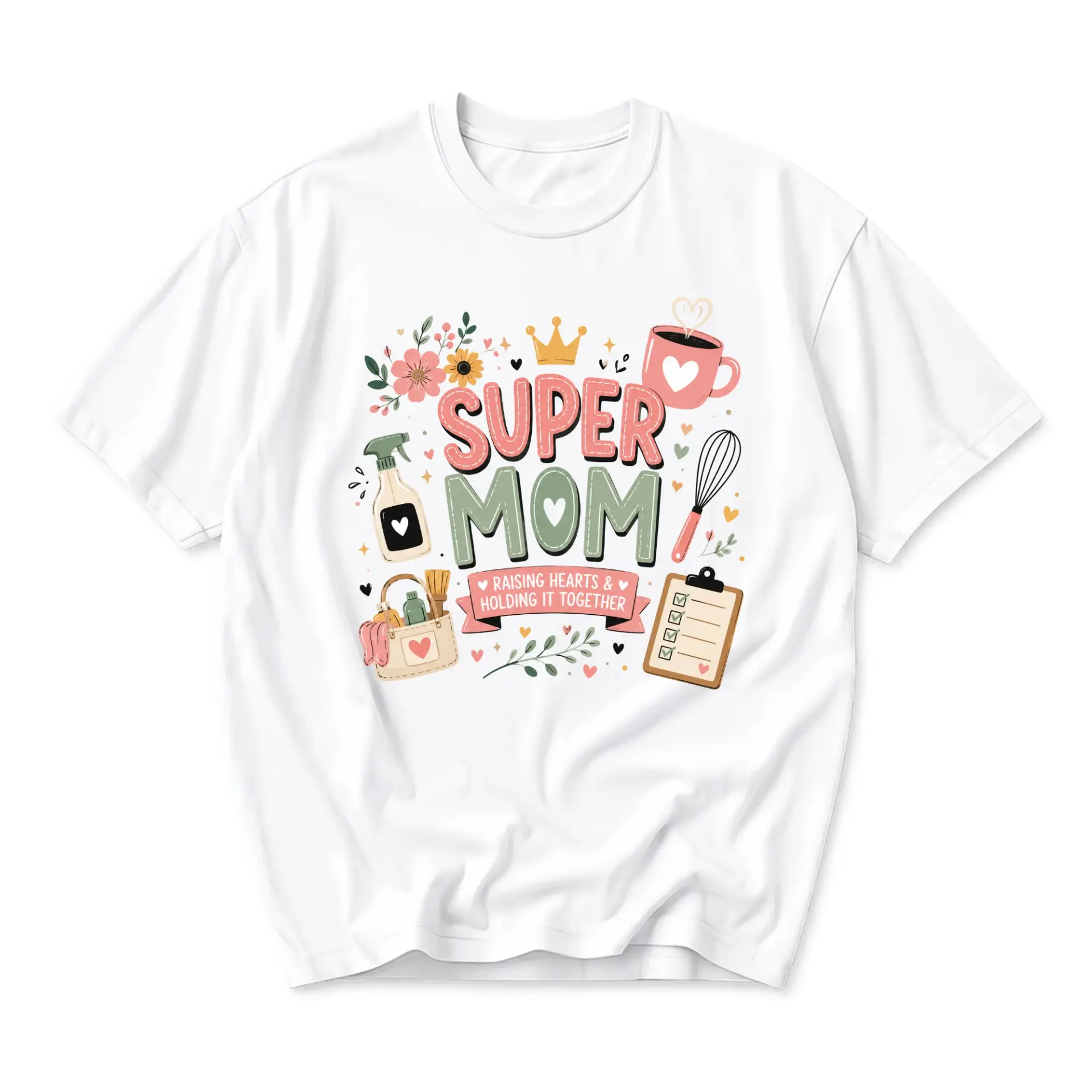 Graphic Tee Super Mom Raising Hearts and Holding It Together Unisex Crew Neck Casual Everyday Printed T-Shirt