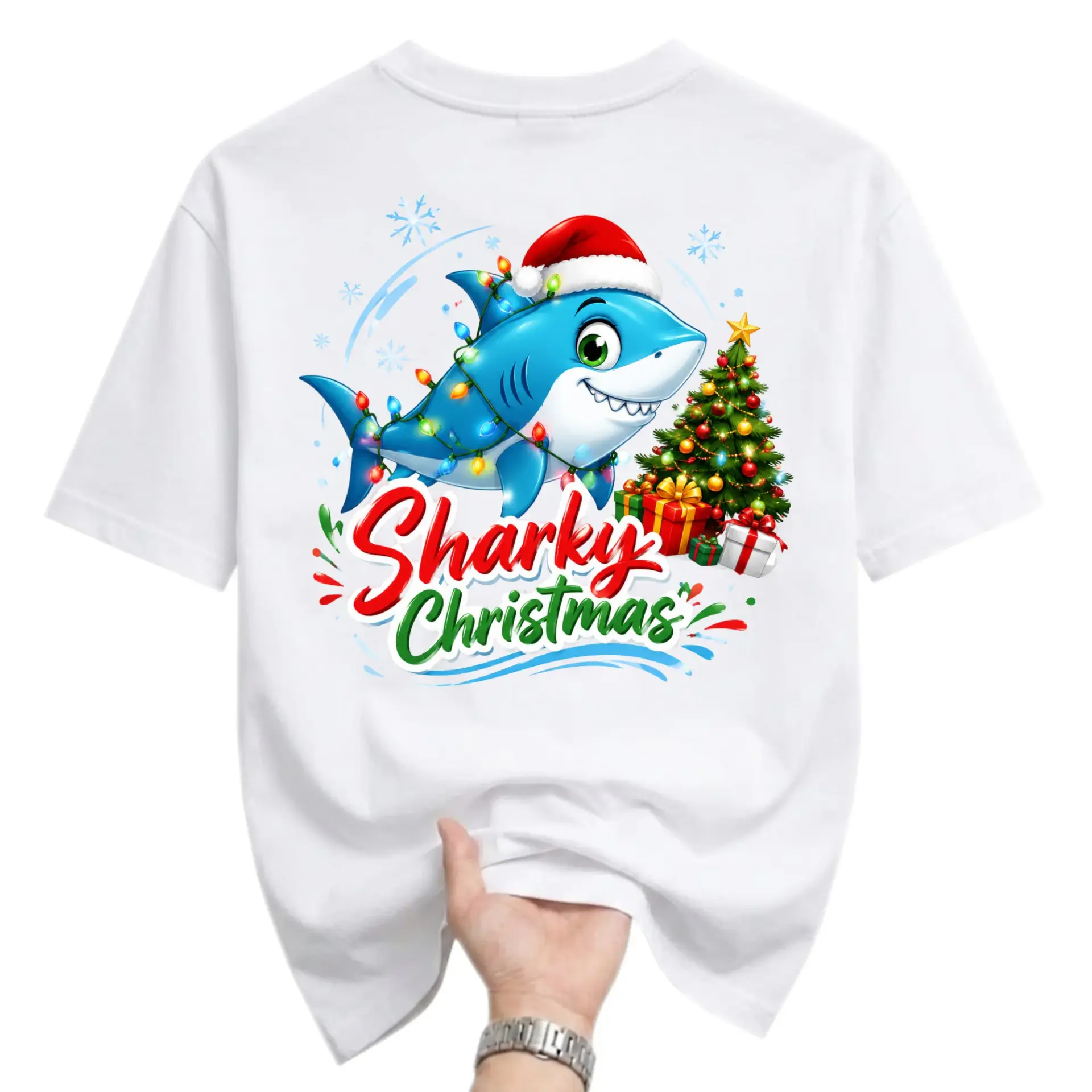 Graphic Tee Sharky Christmas Unisex Crew Neck Short Sleeve Shirt Holiday Seasonal Apparel for Casual Everyday Wear