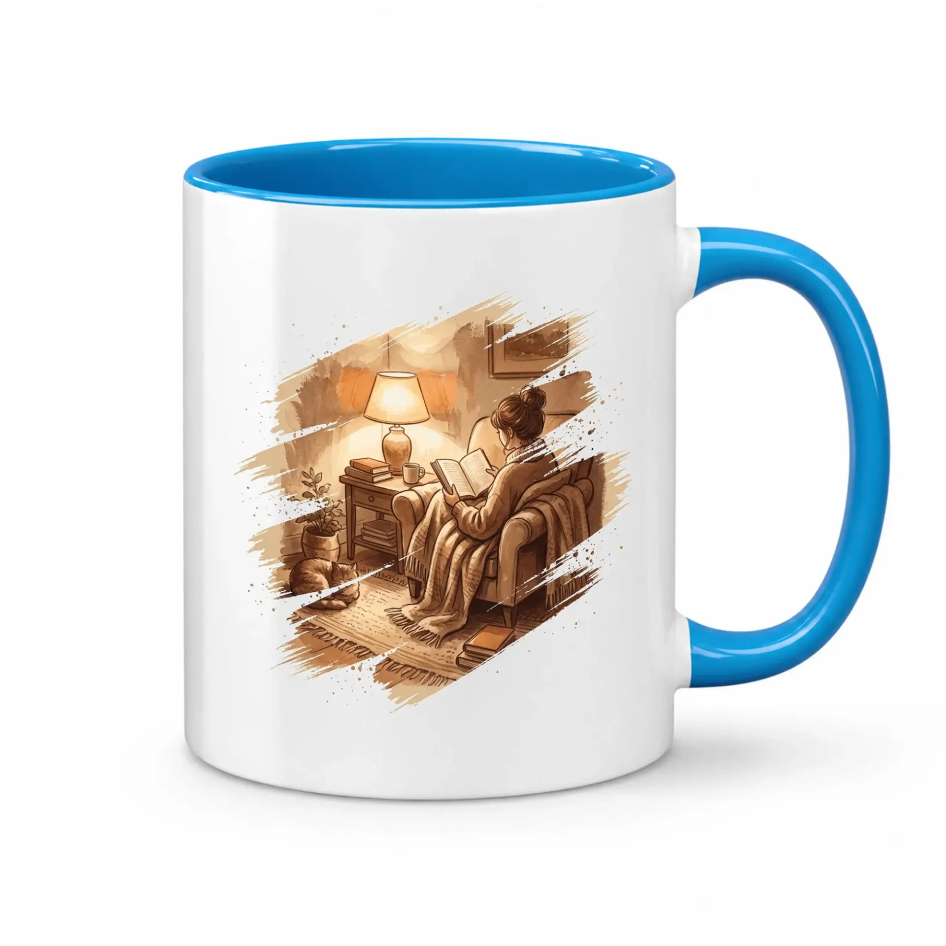 Reading Illustration Coffee Mug Featuring a Person in a Chair with a Cat Comfortable Room Setting