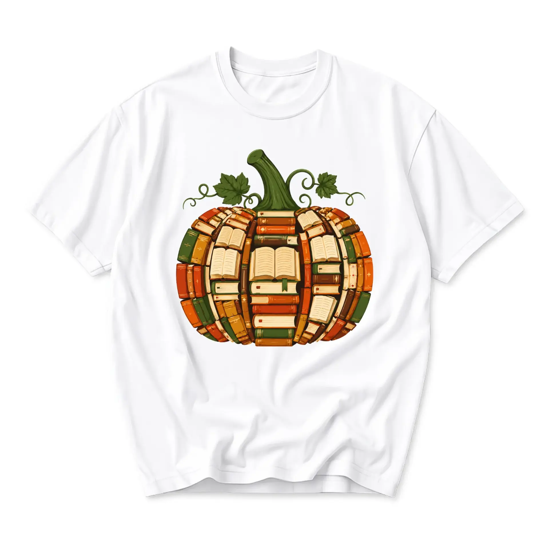 Graphic Tee Pumpkin Made of Books Autumn Harvest Fall Season Unisex Crew Neck Casual Everyday Printed T-Shirt White
