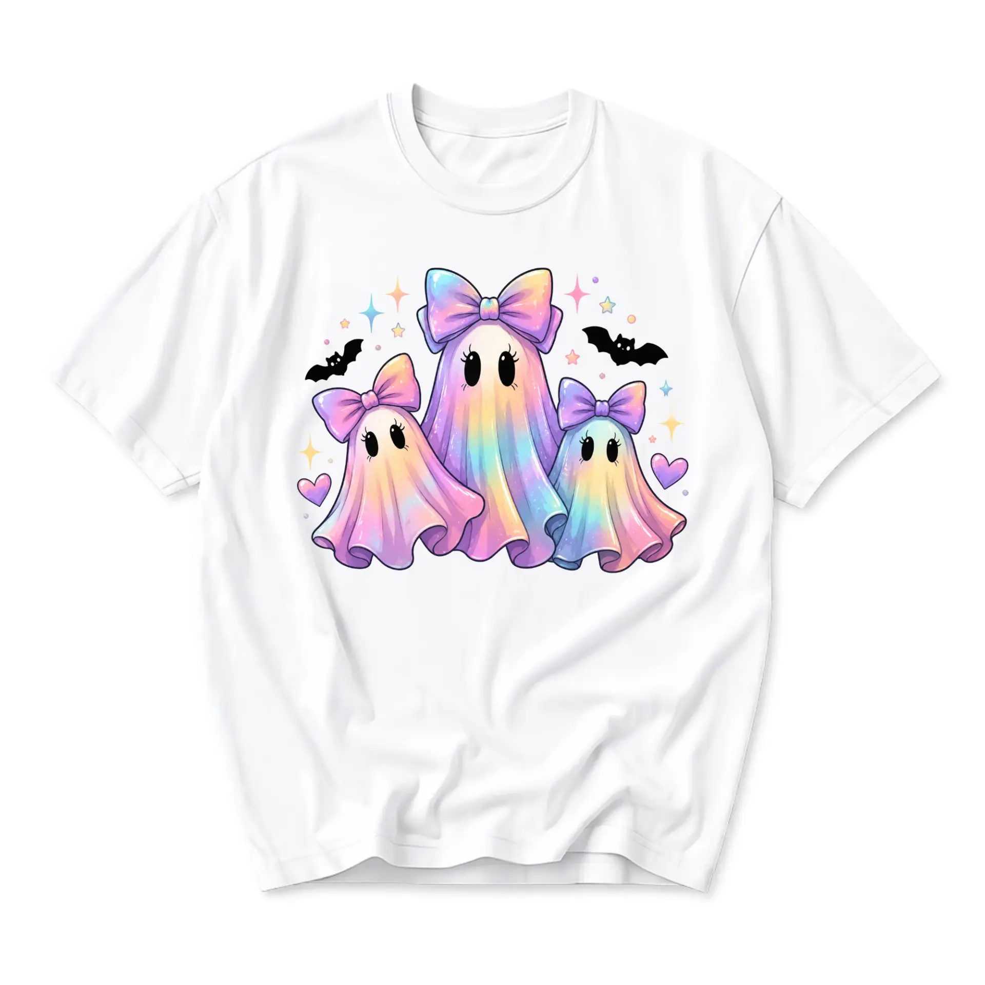 Graphic Tee Unisex Crew Neck Short Sleeve Shirt Featuring Pastel Rainbow Ghost Trio with Bows and Decorative Hearts
