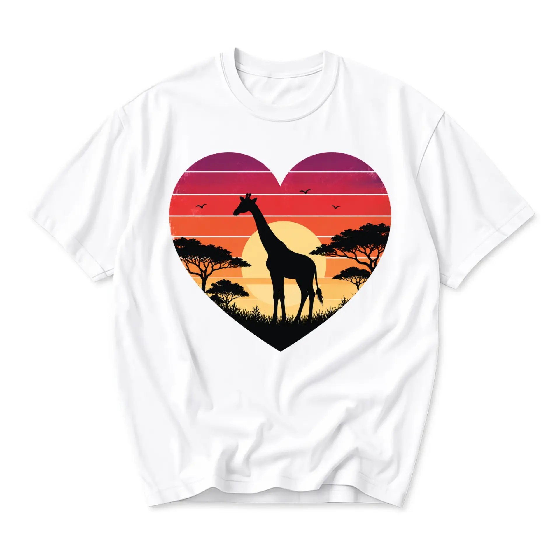 Graphic Tee Safari Giraffe Heart Sunset Print Unisex Short Sleeve Crew Neck Cotton Casual Summer Everyday Shirt Top