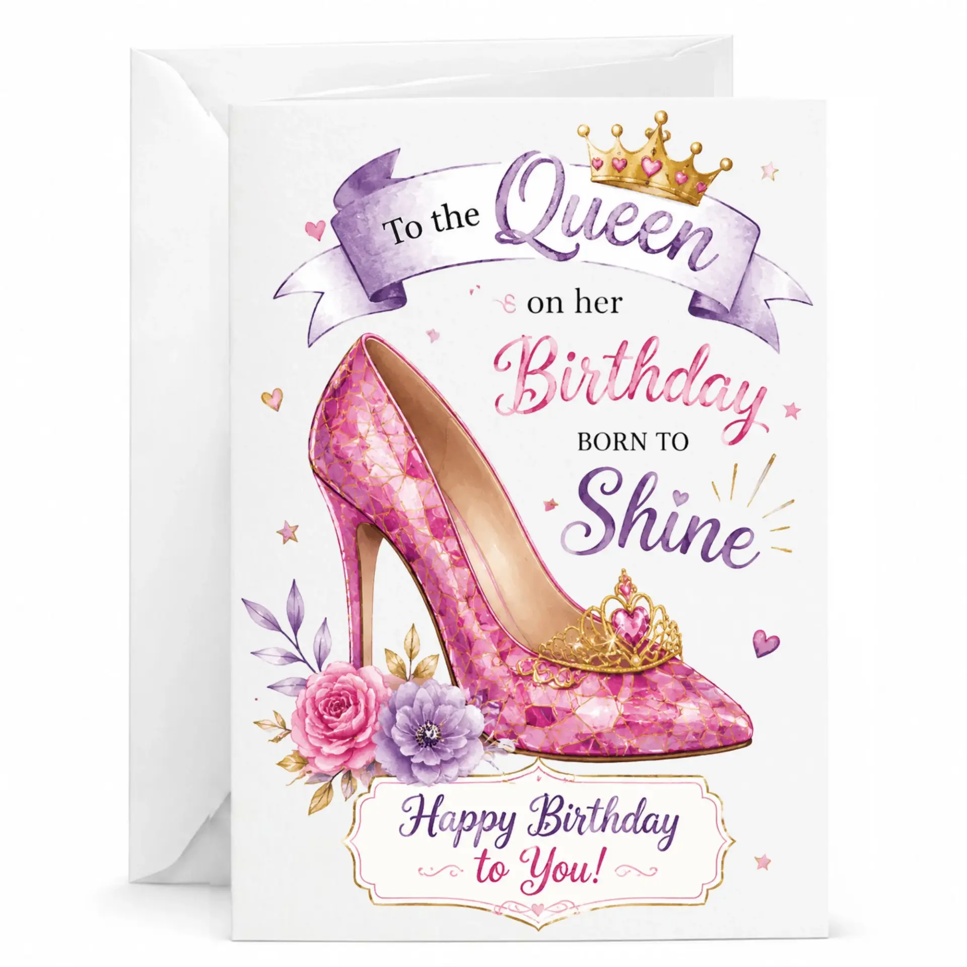 Birthday Card for Her Elegant Queen Stiletto High Heel Design Pink Floral Greeting Card with White Envelope