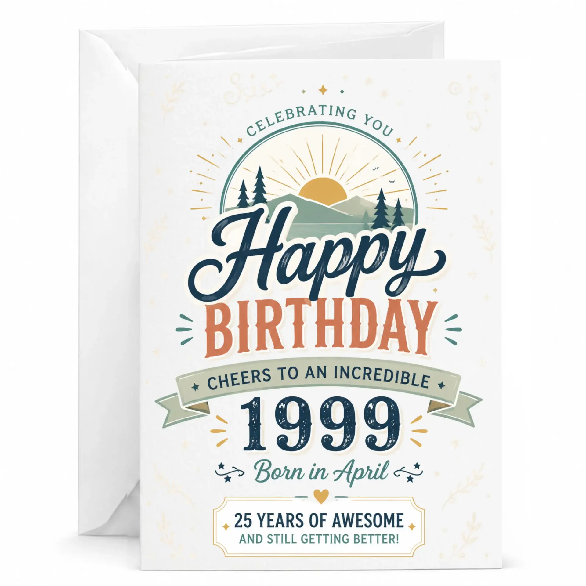 Birthday Card Born in April 1999 Vintage Style Mountain Landscape Graphic Greeting Card for 25th Birthday Celebration