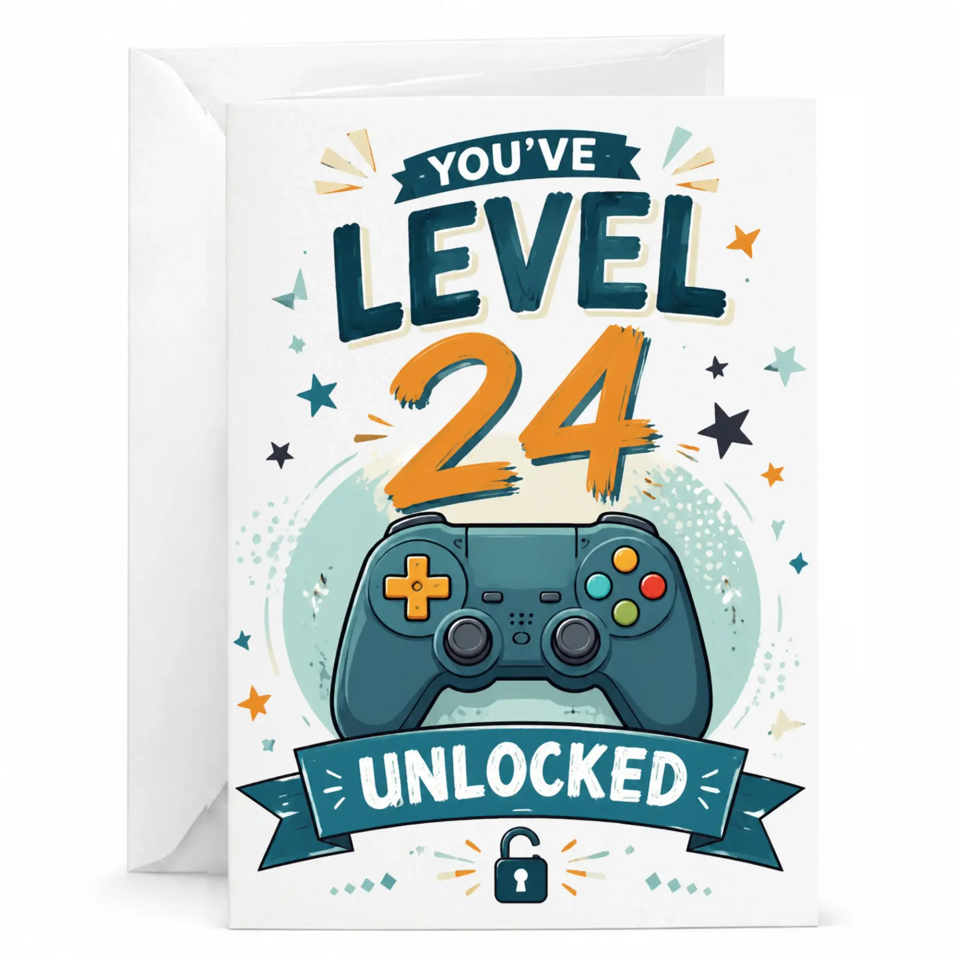 Birthday Card Level 24 Unlocked Funny Gaming Greeting Card for Him or Her with Matching Envelope 5x7 Inches