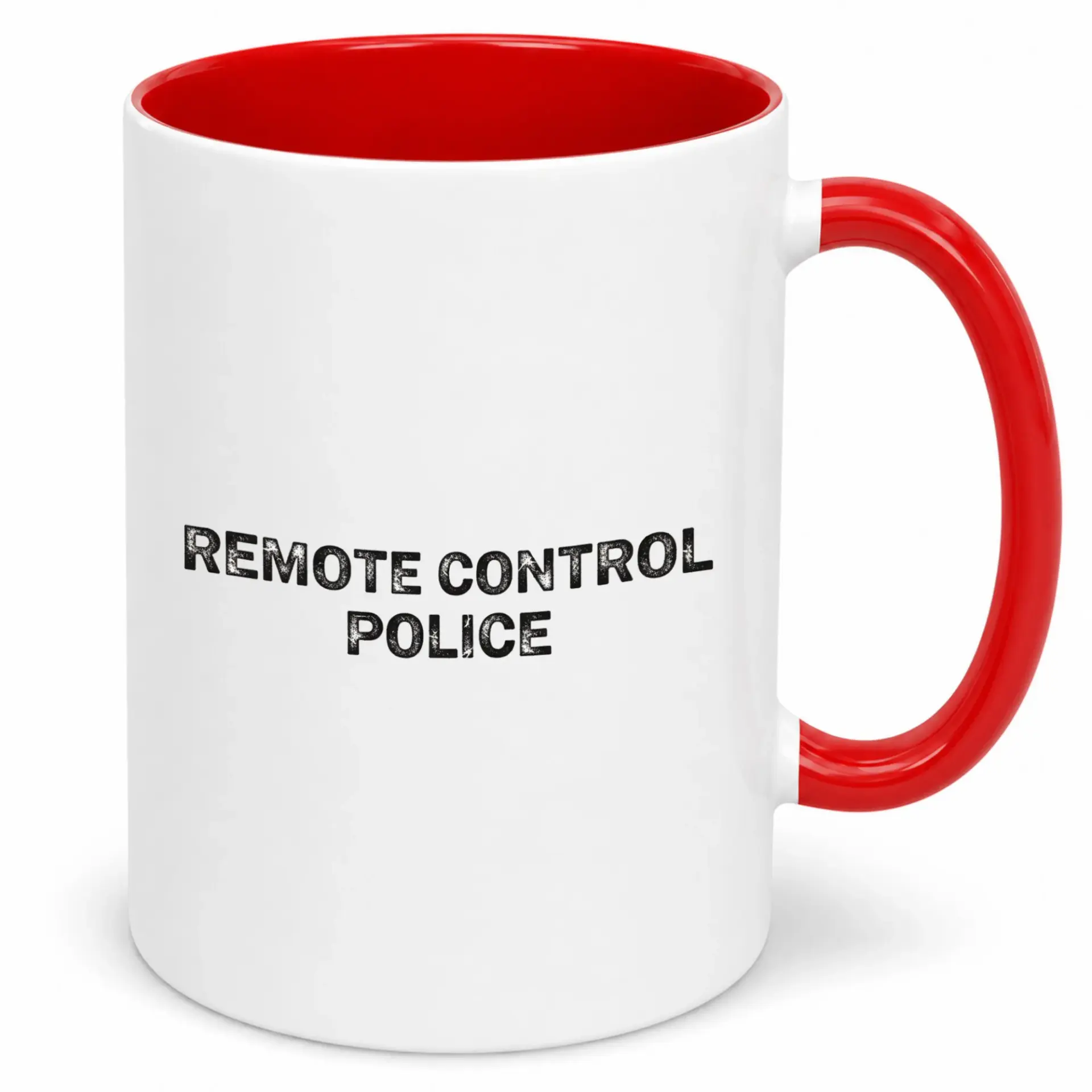 Funny Ceramic Coffee Mug with Remote Control Police Design, 11 Oz or 15 Oz White Cup with Red Handle and Interior for Home Office Gift