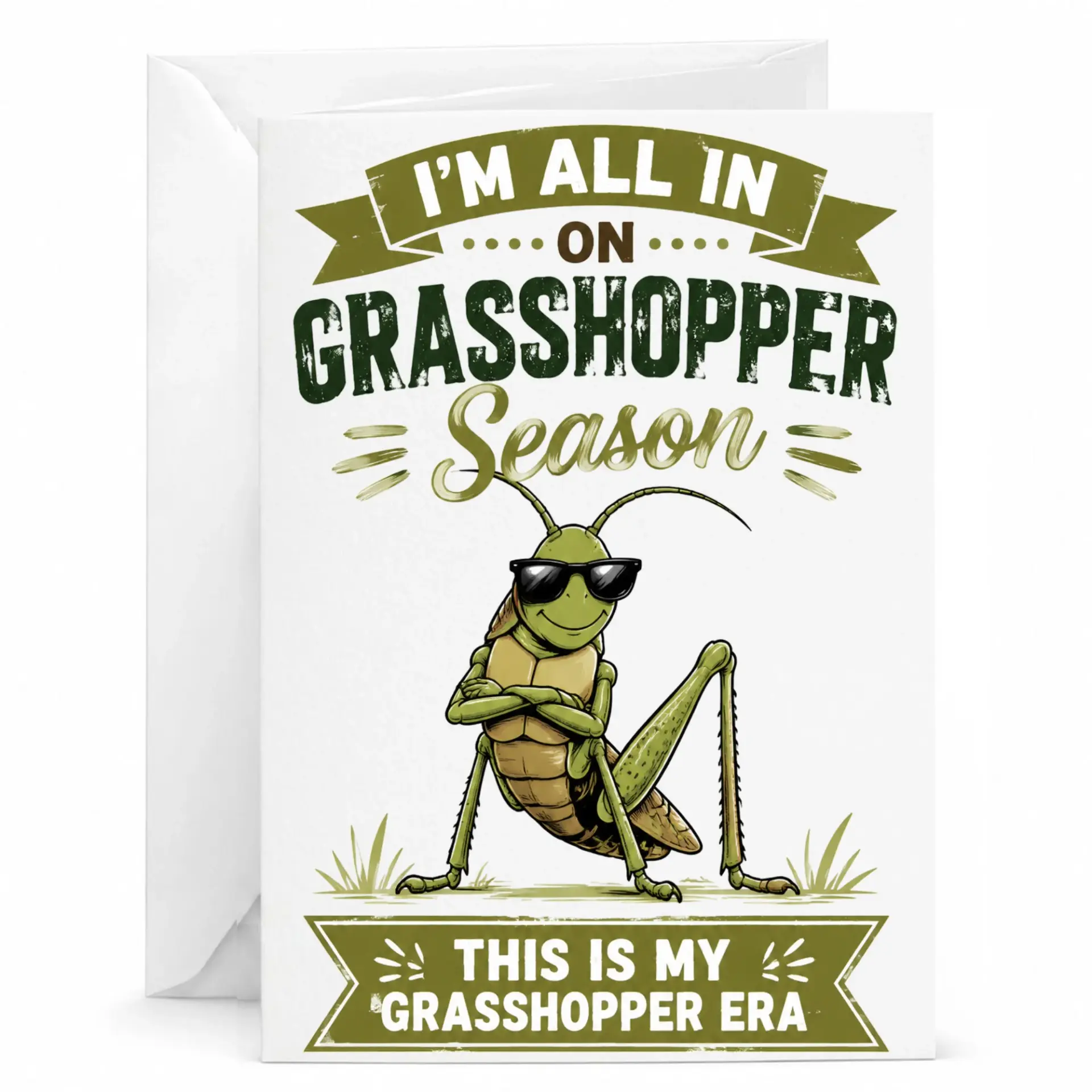 Funny Grasshopper Season Greeting Card Cute Insect Lover Gift Whimsical Nature Themed Birthday Note