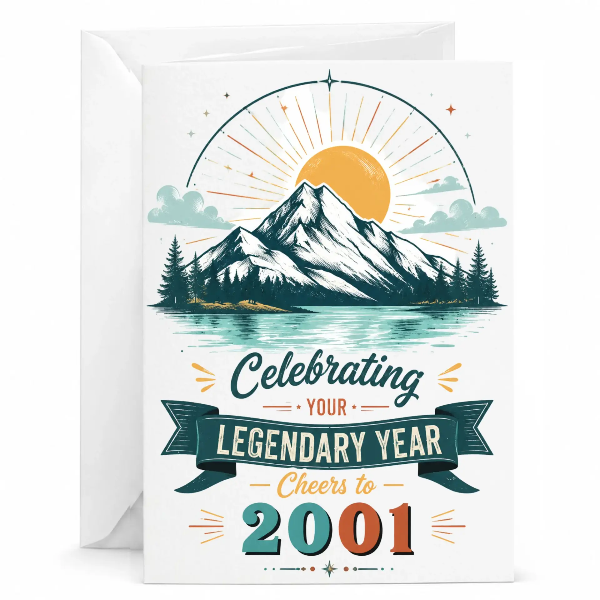 Birthday Greeting Card Celebrating Your Legendary Year 2001 Vintage Style Mountain Landscape Design with White Envelope