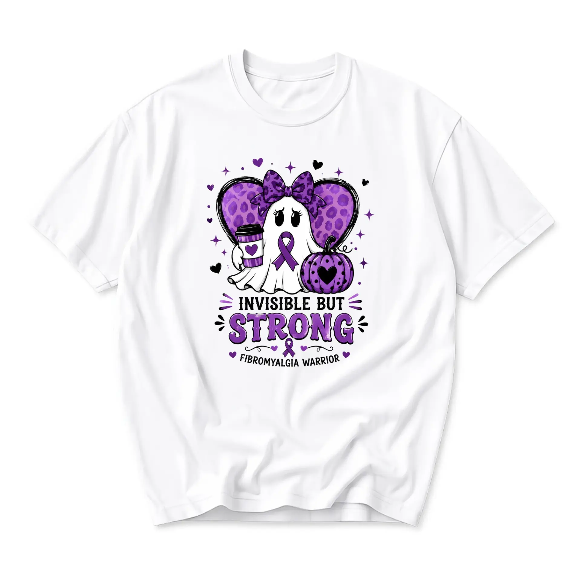 Funny Shirt Invisible but Strong Fibromyalgia Warrior Graphic Tee Purple Awareness Ribbon Pumpkin Design