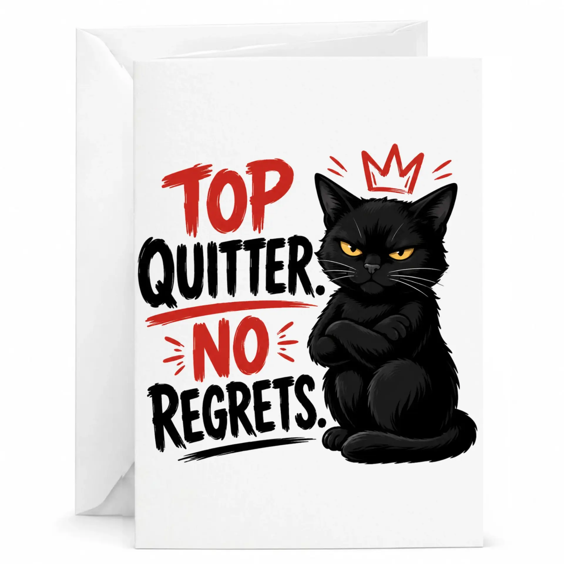 Funny Greeting Card Top Quitter No Regrets Cat Illustration Humorous Message Card for Friends and Coworkers