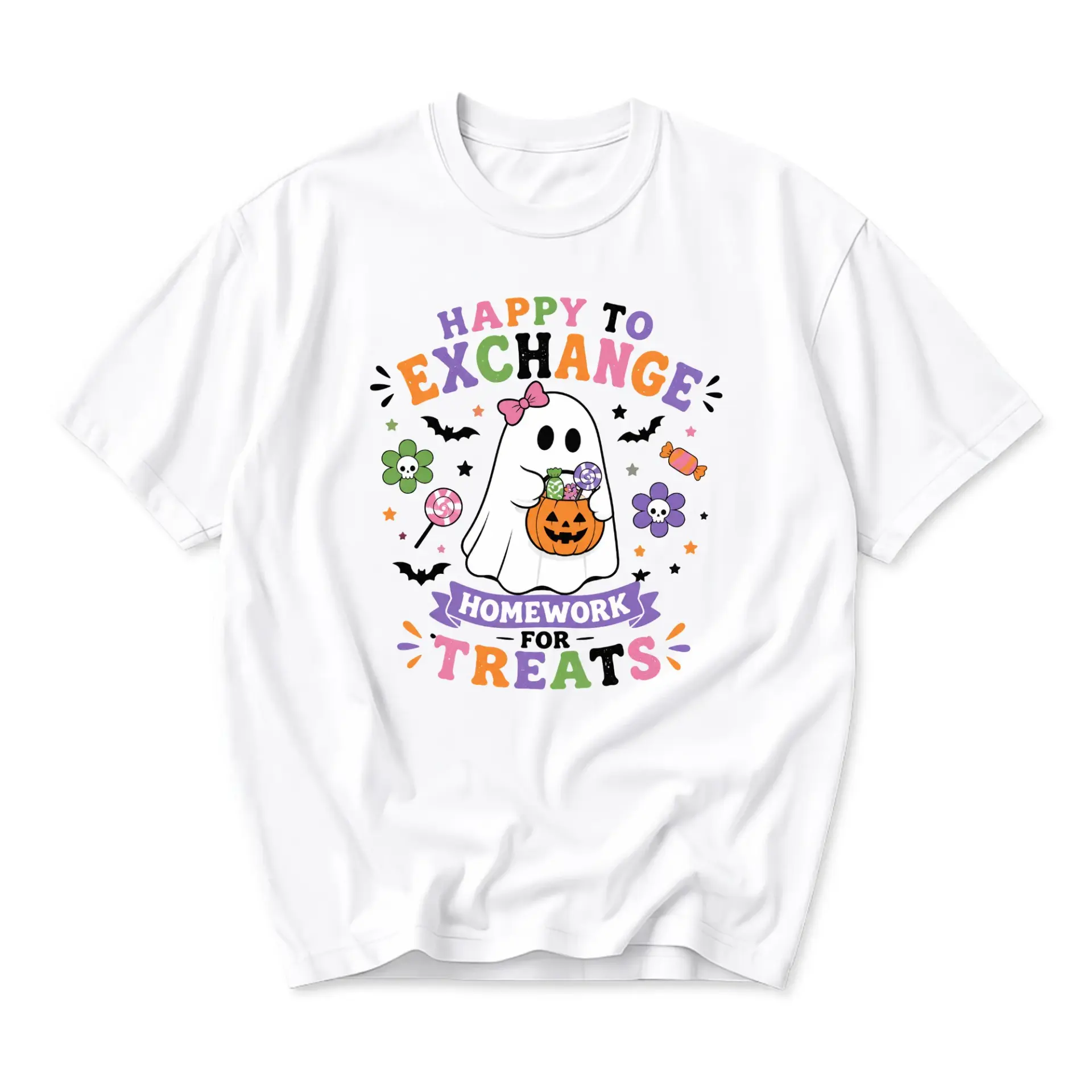 Funny Shirt Happy to Exchange Homework for Treats Graphic Tee Seasonal Holiday Print Unisex Casual Crew Neck T-Shirt