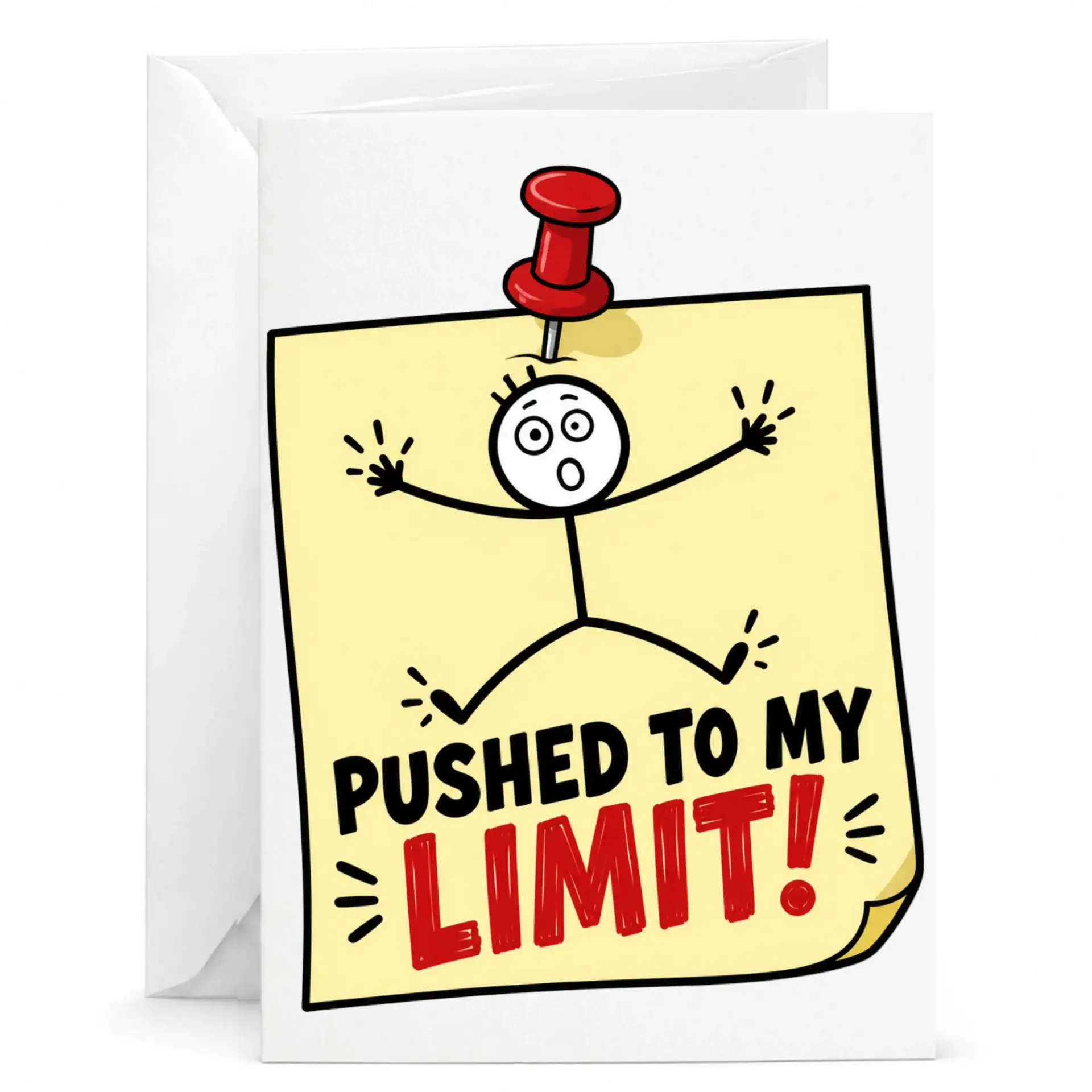 Funny Greeting Card Pushed Limit Stick Figure Design for Encouragement or Humorous Notes 5x7 Inches
