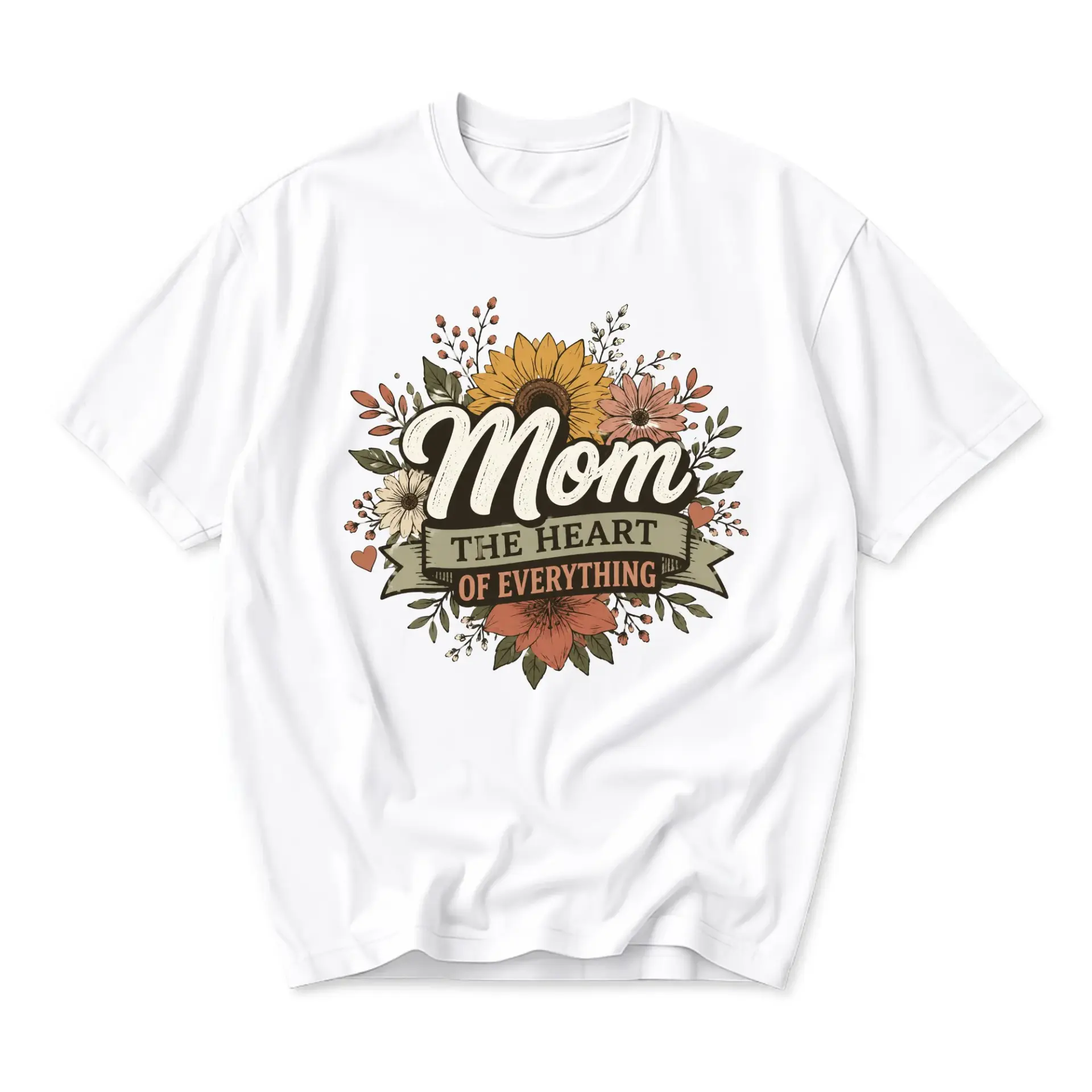 T-shirt Mom the Heart of Everything Floral Graphic Tee Unisex Crew Neck Casual Everyday Apparel White Cotton Shirt