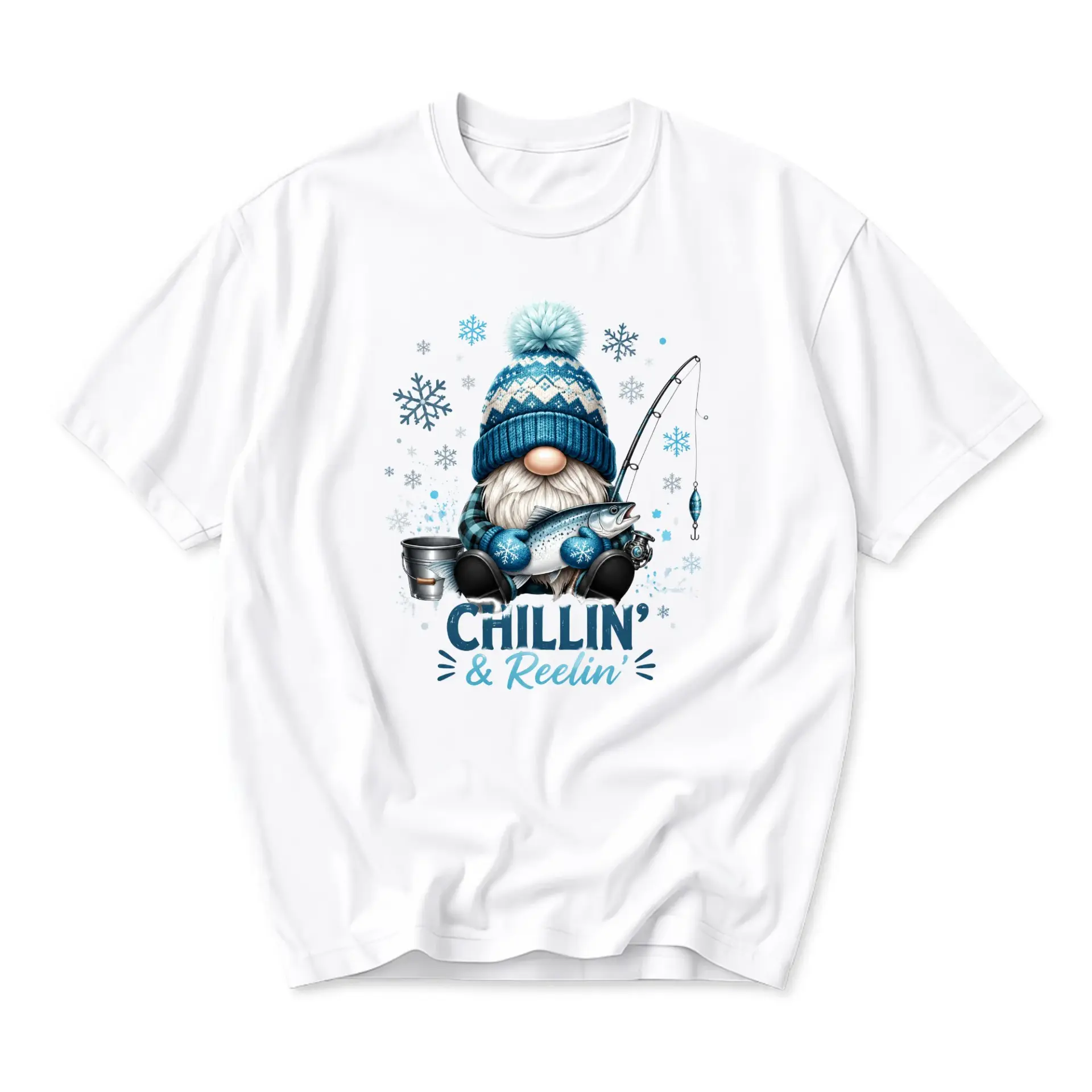 Funny Shirt Chillin and Reelin Winter Fishing Gnome Unisex Graphic Printed T-Shirt Casual Everyday Apparel