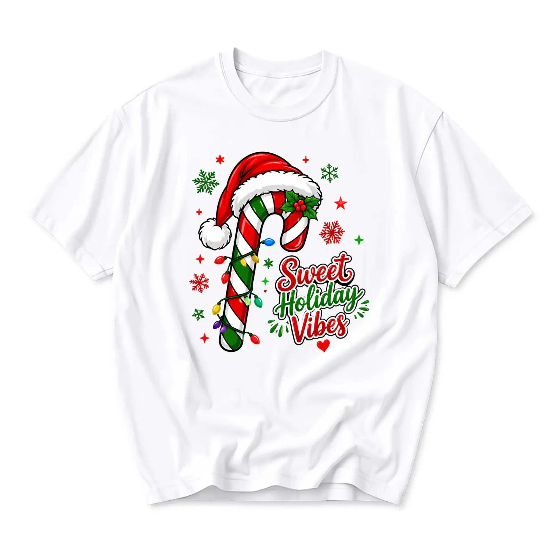 Graphic Tee Sweet Holiday Vibes Candy Cane Christmas Shirt Festive Unisex Crew Neck Short Sleeve Casual Cotton Top