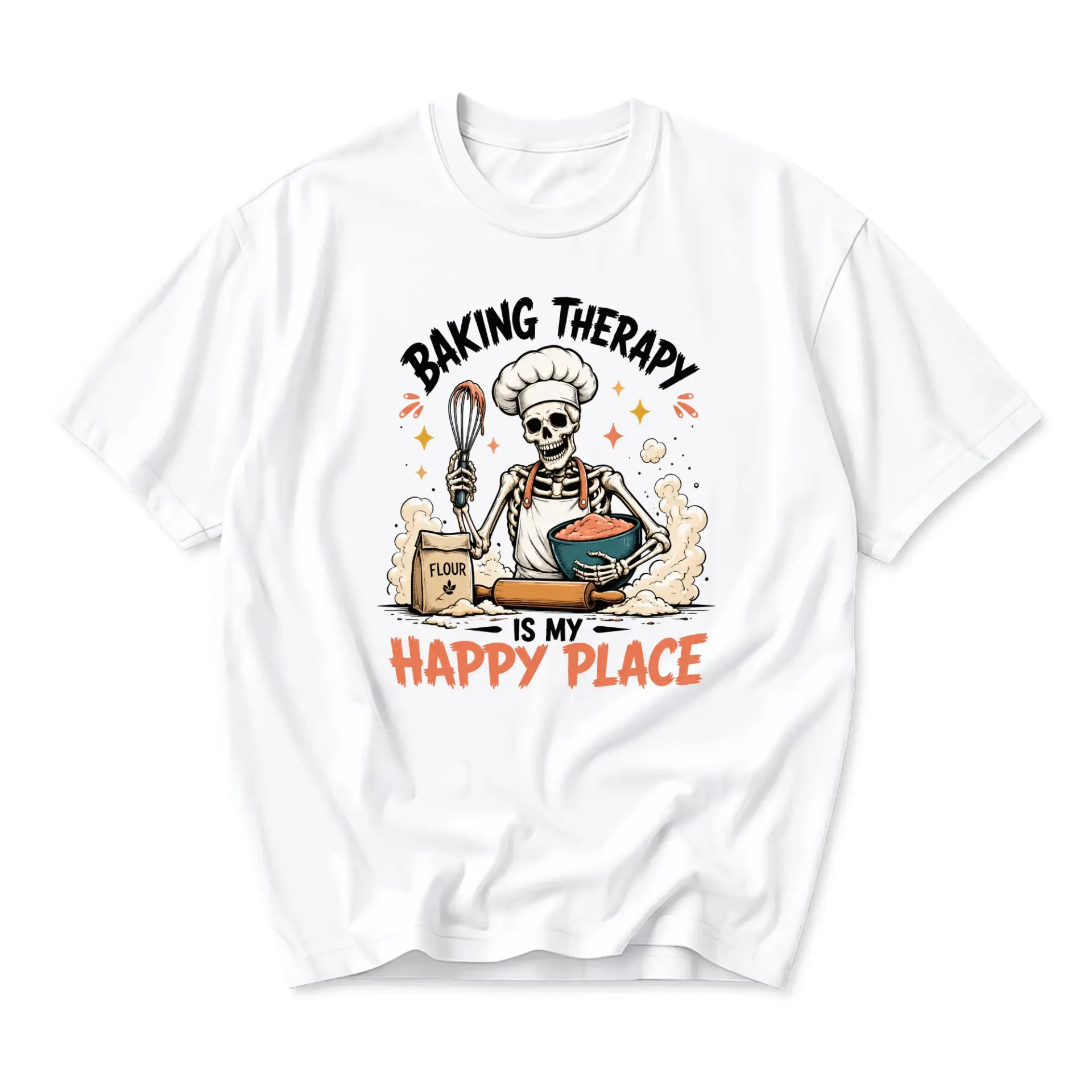 Graphic Tee Baking Therapy Is My Happy Place Unisex Crew Neck Shirt Featuring a Skeleton Baker with Flour and Whisk