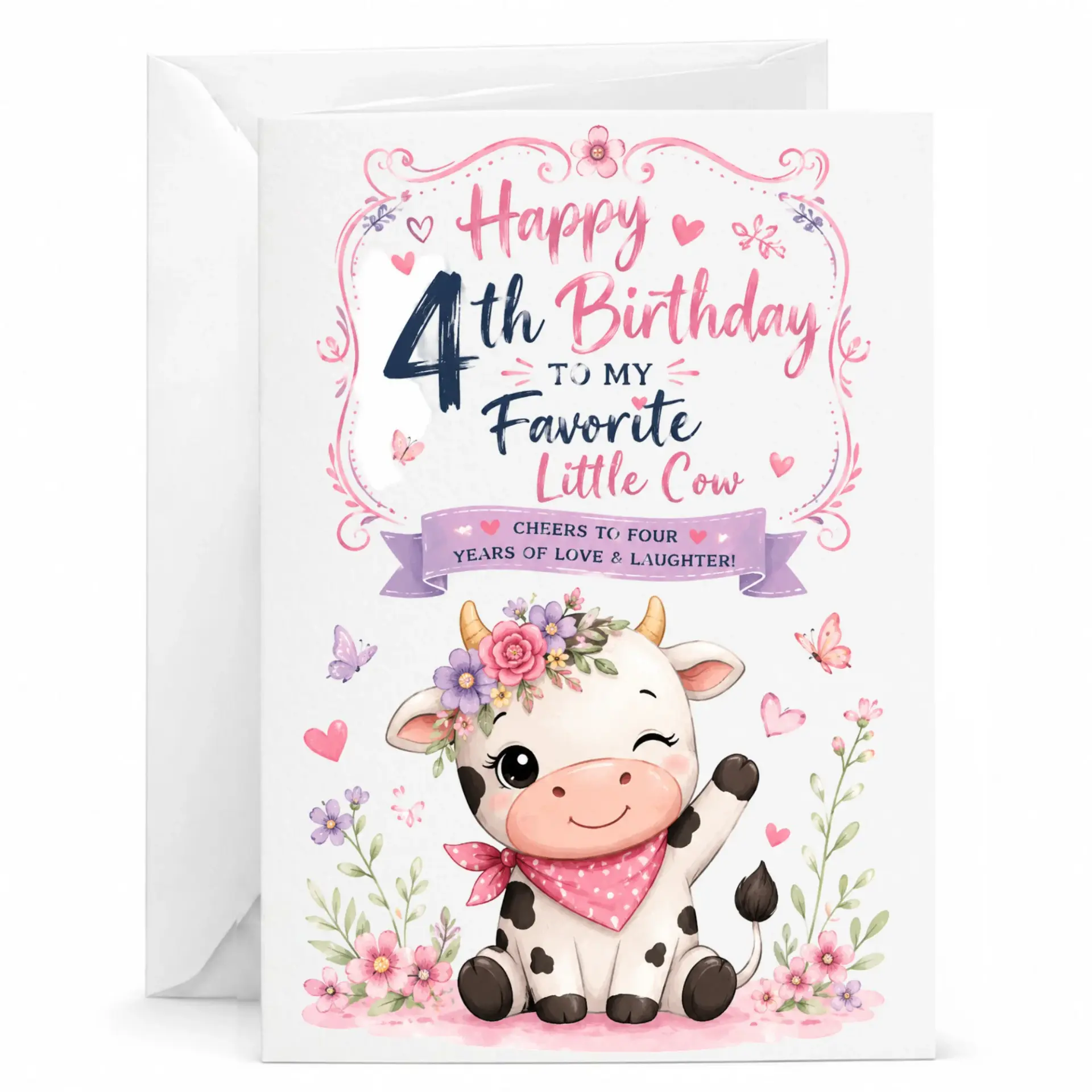 Birthday Card for Fourth Featuring Cute Little Cow Illustration and Floral Accents with Matching White Envelope