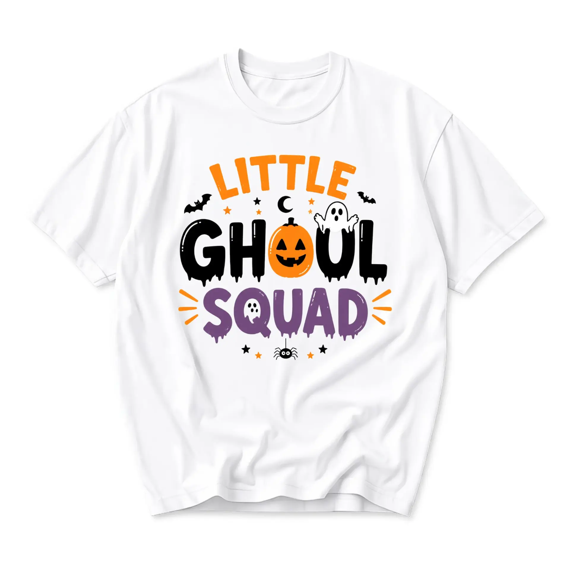 Funny Shirt Little Ghoul Squad Graphic Tee Halloween Pumpkin Ghost Theme Unisex Short Sleeve Casual Holiday Apparel